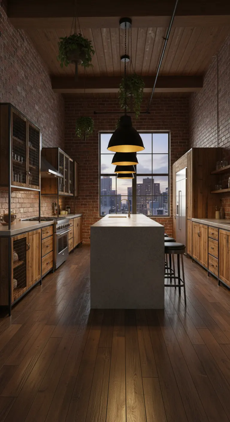 Cucina in stile loft con grandi lampade a sospensione nere sopra l'isola centrale.