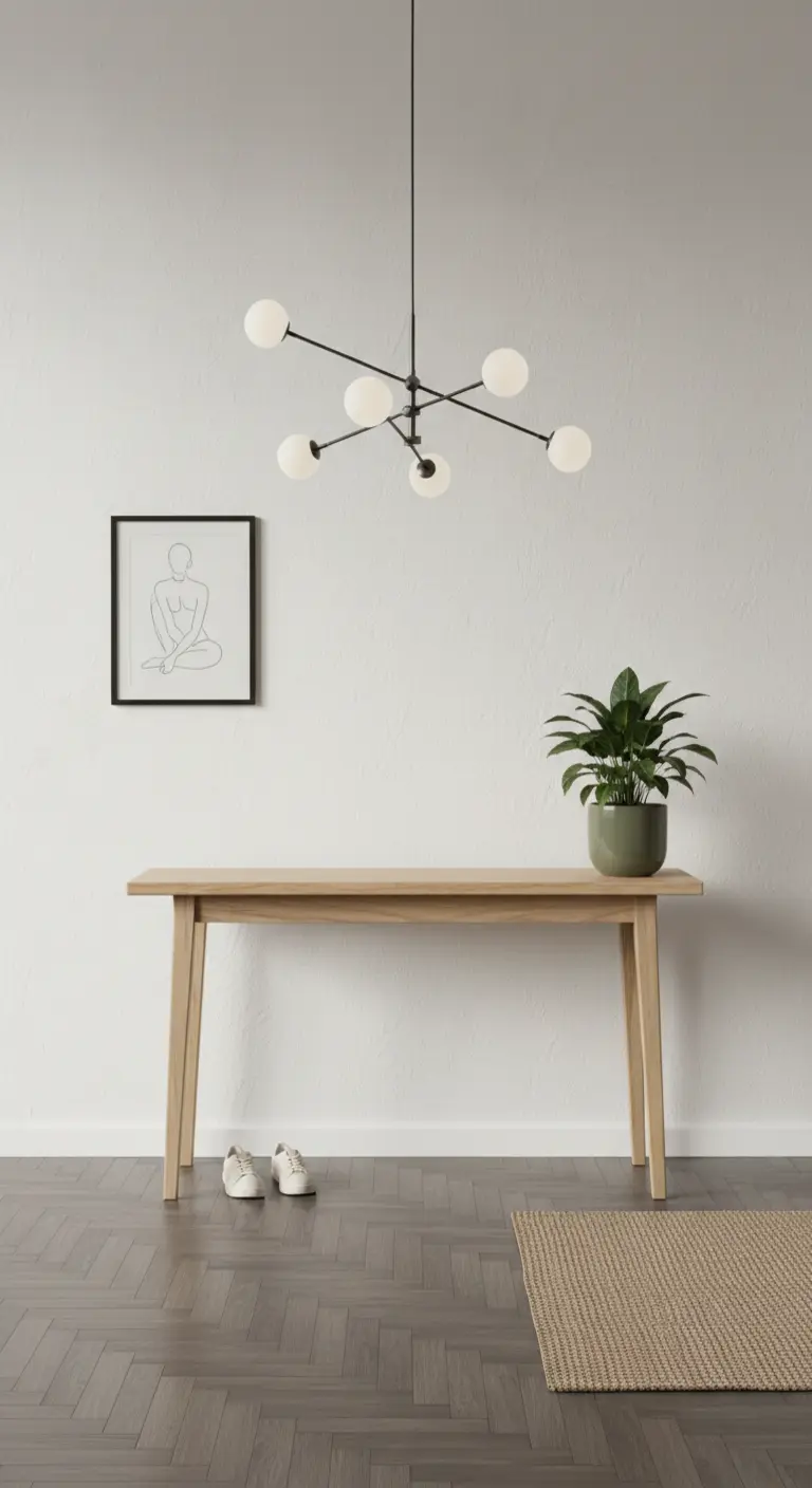 Consolle minimale in legno, lampadario di design e una singola stampa su una parete bianca.