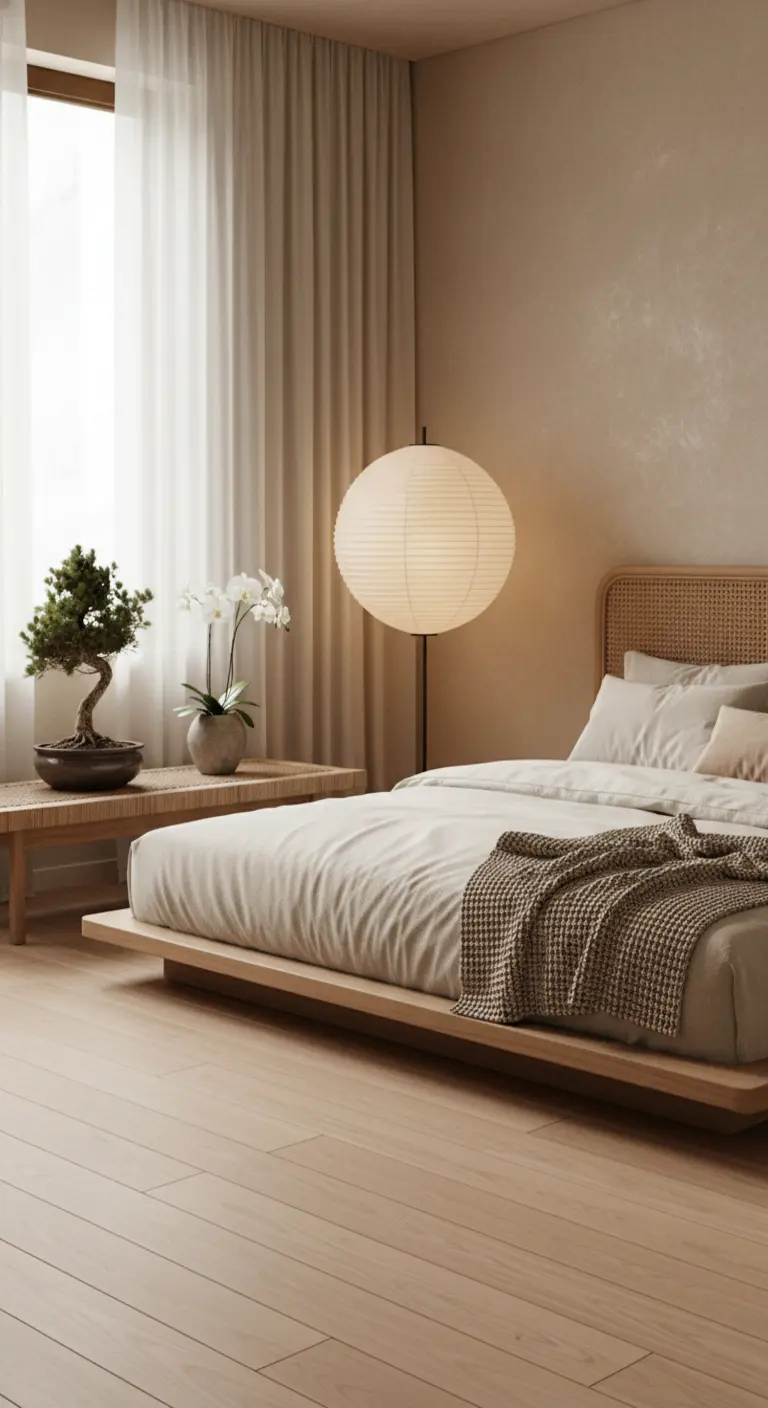 Camera da letto in stile Japandi con letto basso in legno e lampada in carta di riso.