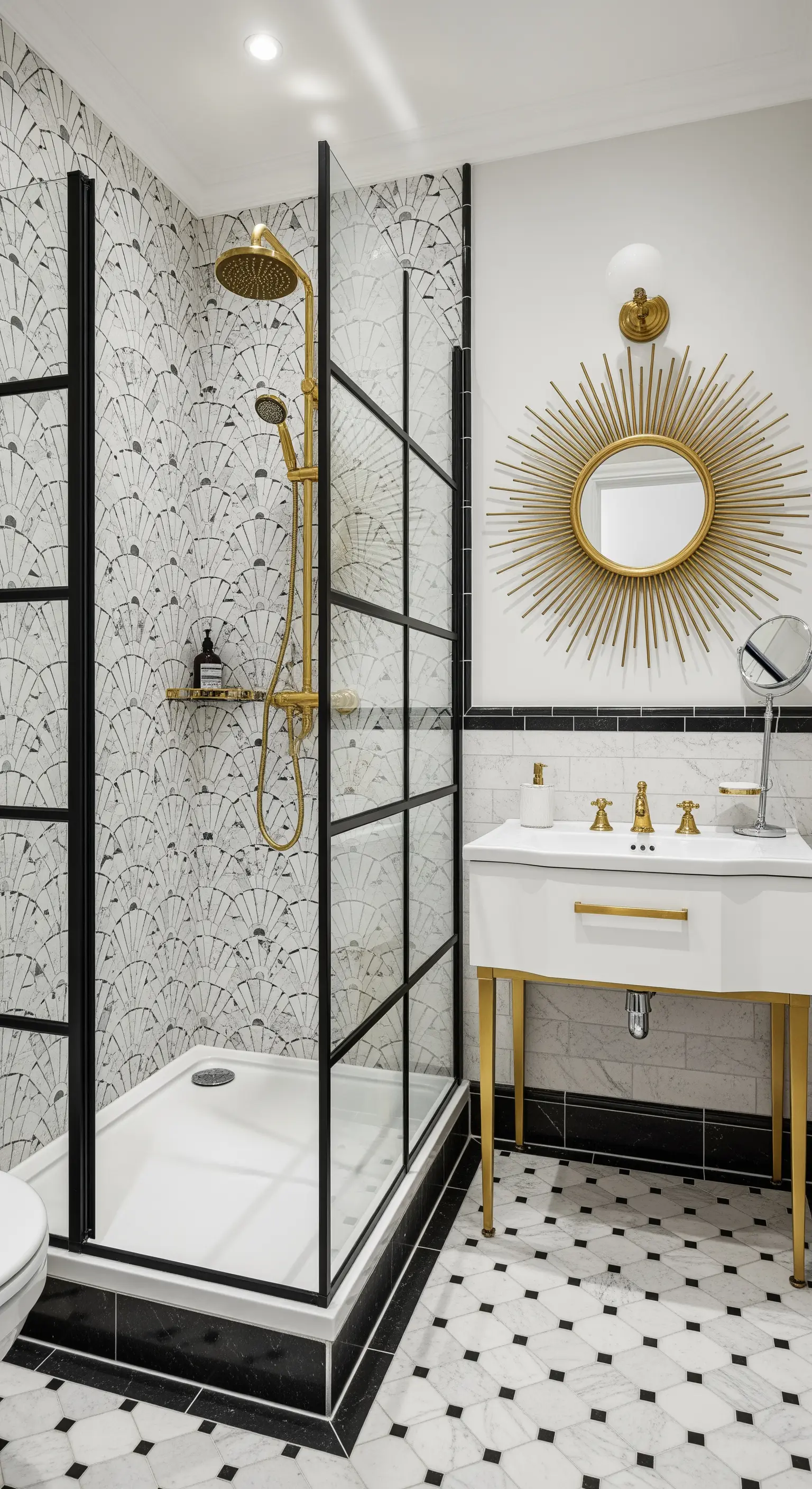 Bagno in stile Art Déco con piastrelle a ventaglio, dettagli dorati e pavimento optical.