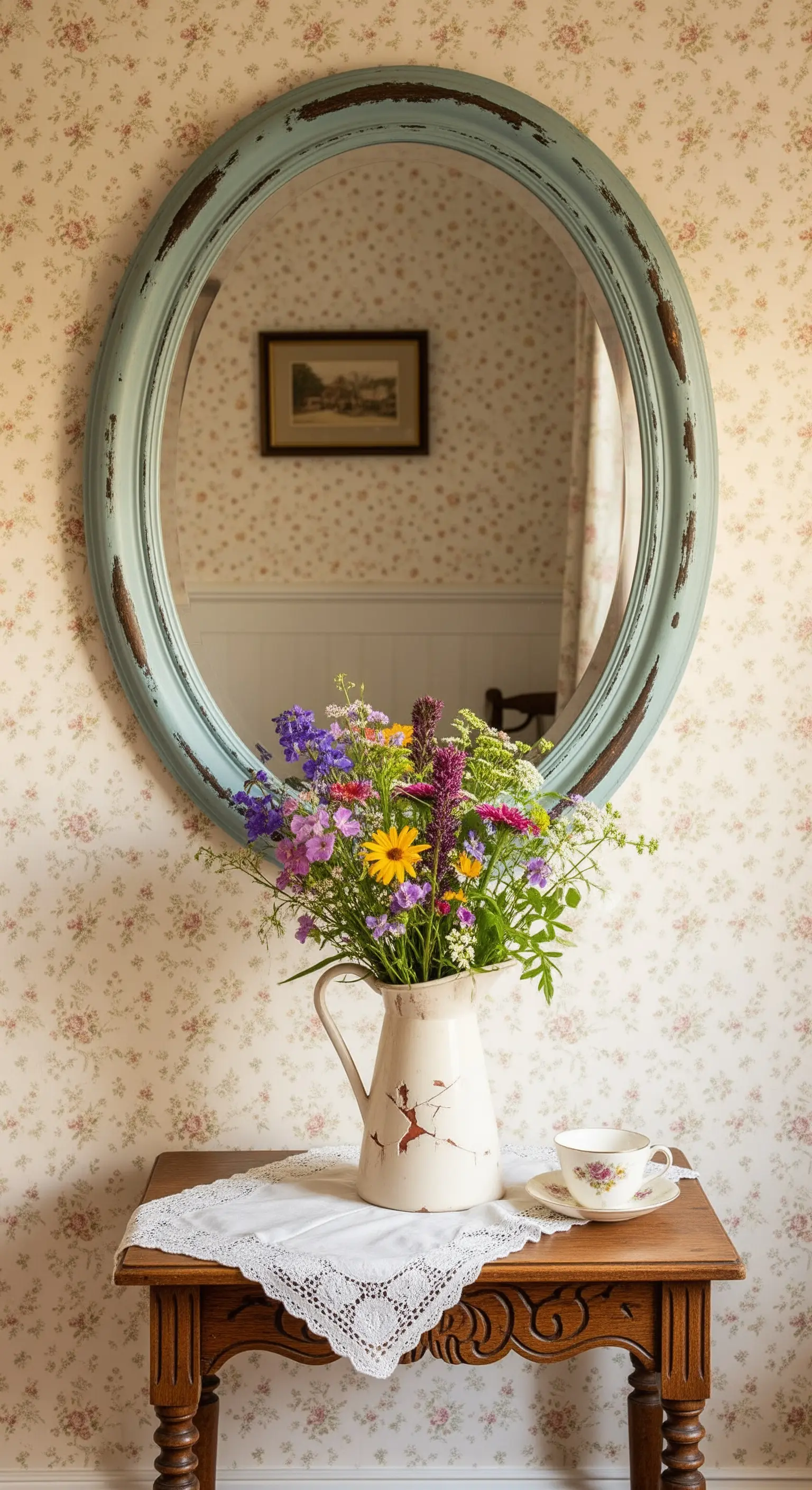 Specchio ovale con cornice azzurra anticata appeso sopra un tavolino con un vaso di fiori di campo.