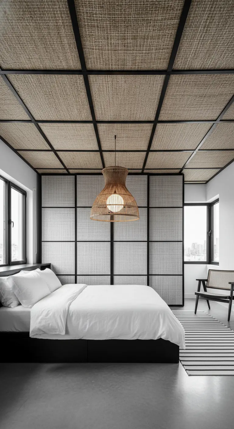Camera da letto moderna con soffitto a cassettoni rivestito in rafia e profili neri.