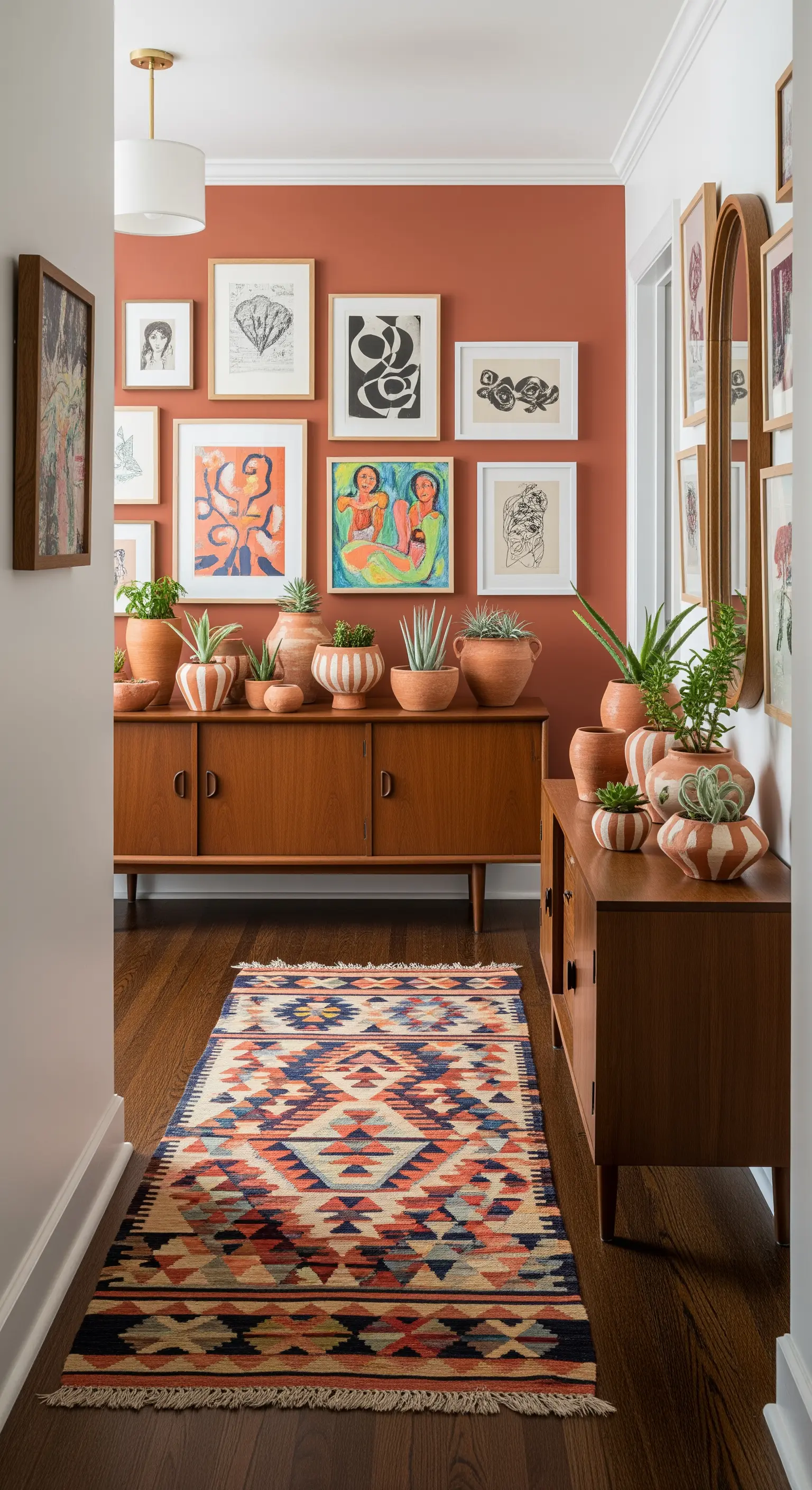 Corridoio con parete terracotta, galleria di quadri, credenza mid-century e piante grasse.