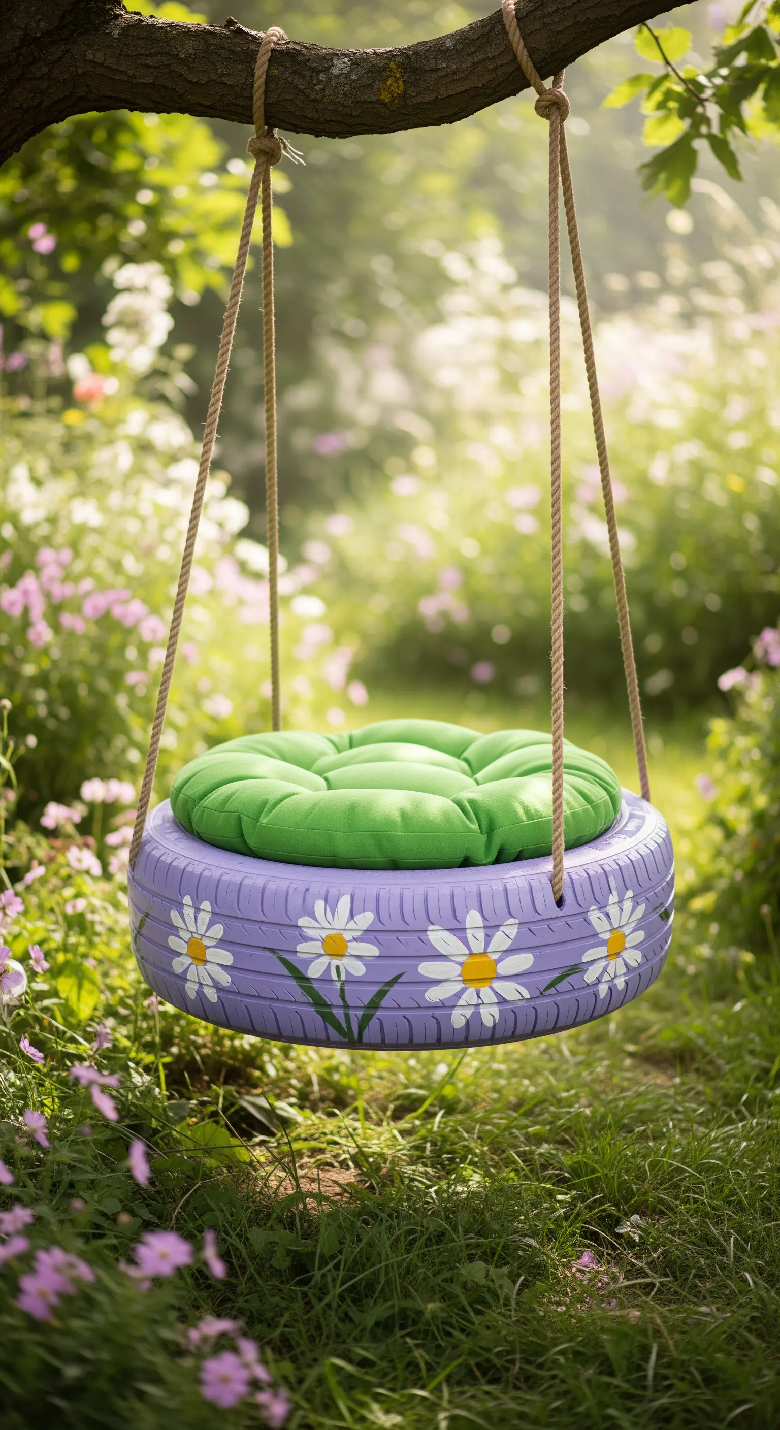 Altalena fai-da-te creata con un pneumatico lilla dipinto a fiori e un cuscino verde.