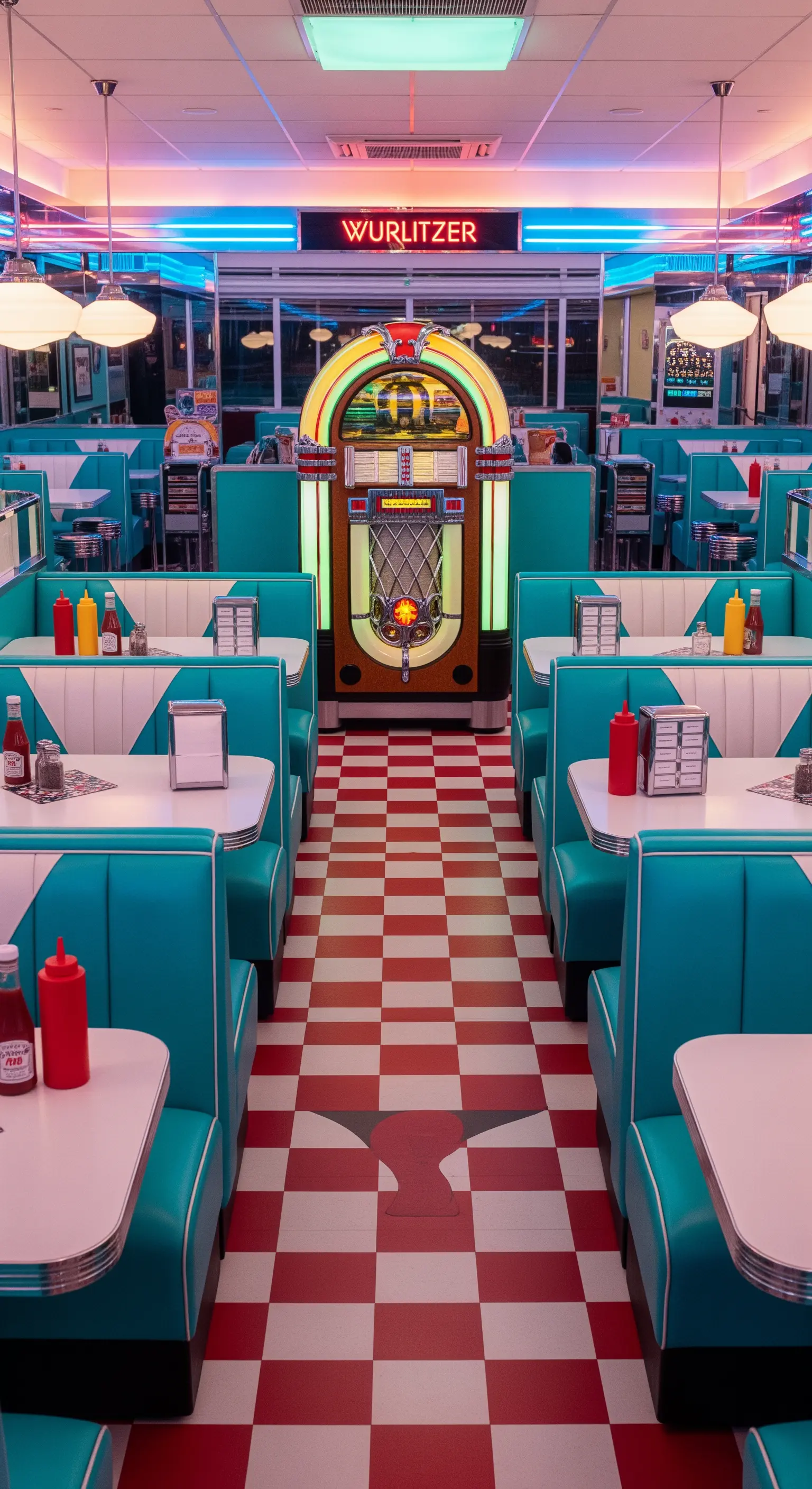 Interno di un diner americano anni '80 con divanetti turchesi, pavimento a scacchi e un jukebox.