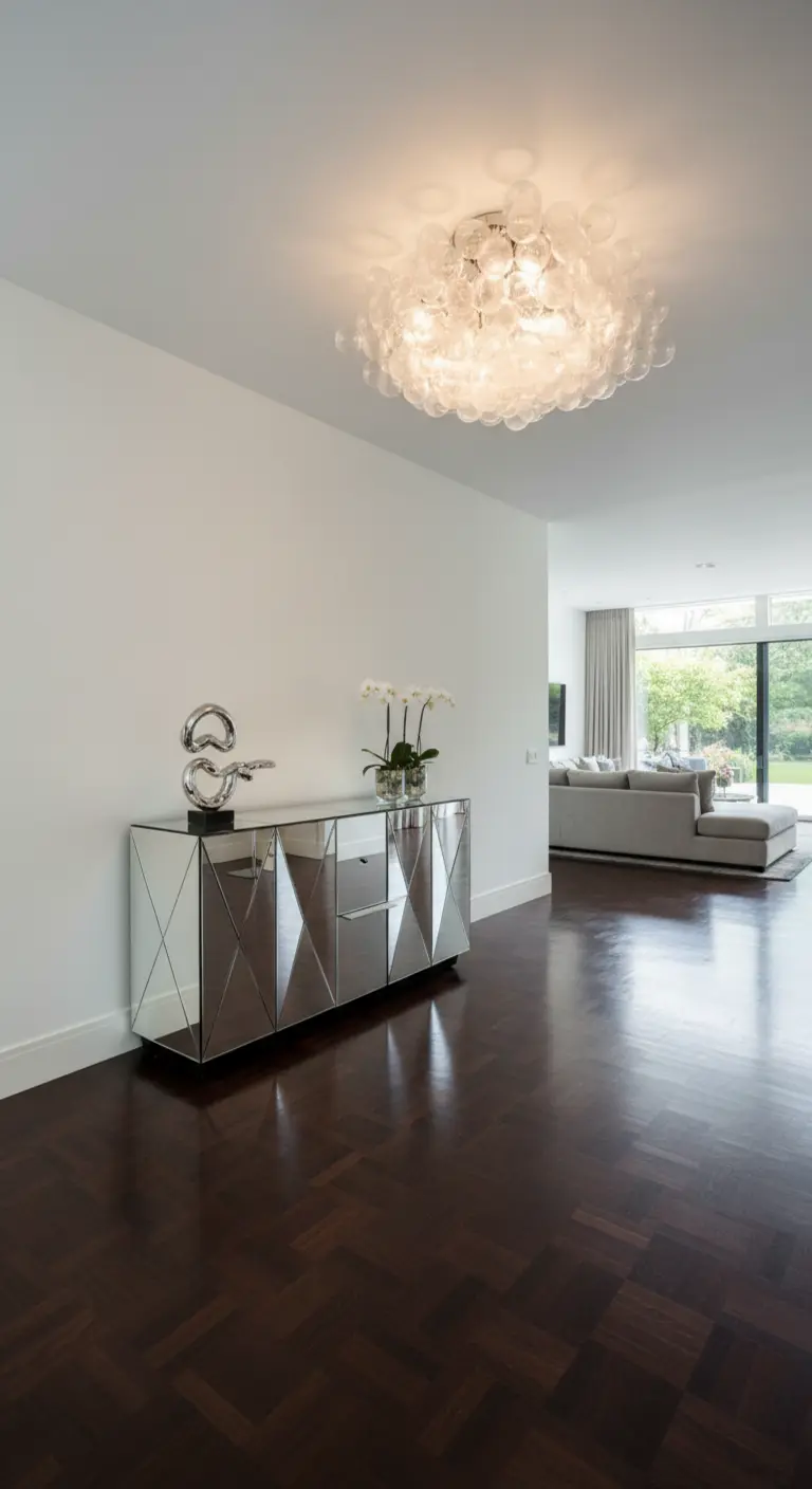 Credenza moderna con ante a specchio sfaccettate che riflettono un parquet scuro e un salotto.