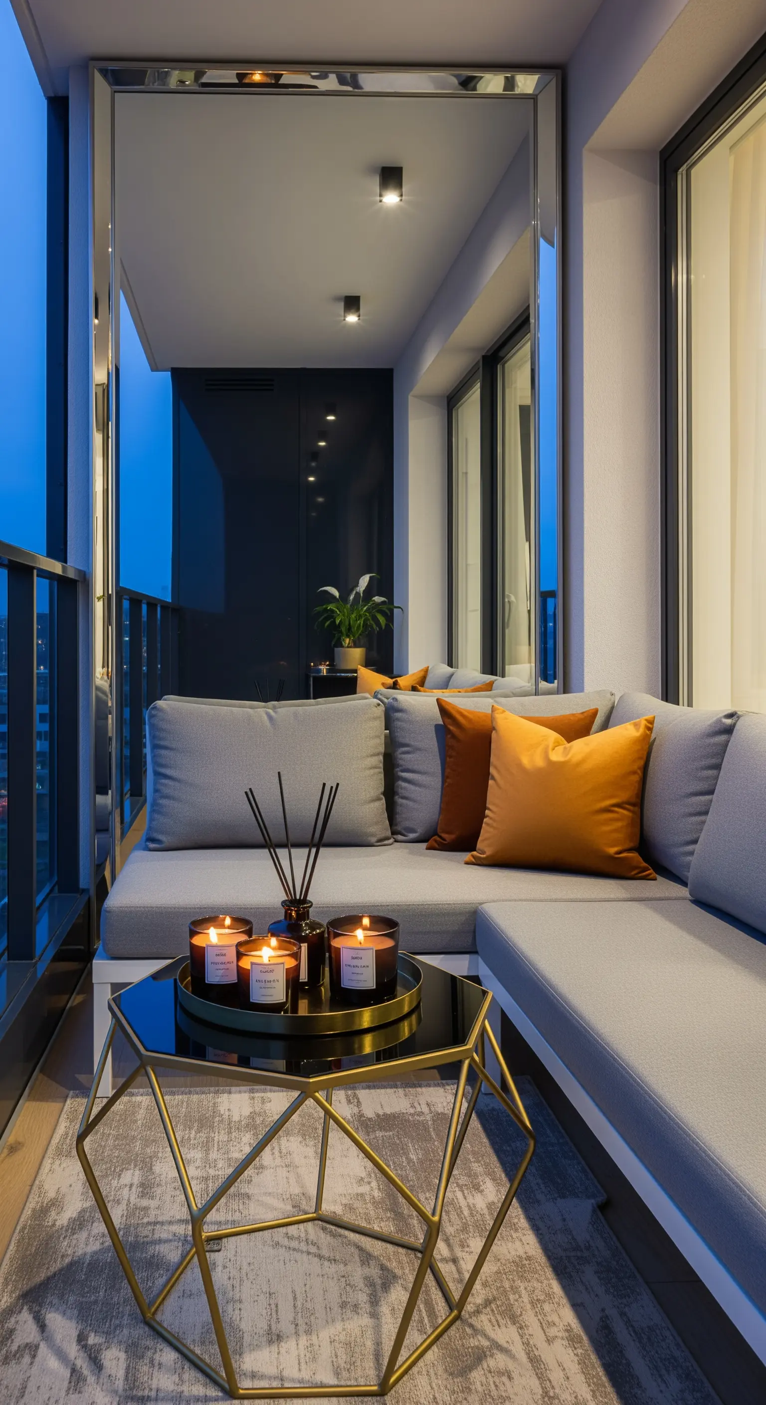 Balcone moderno con divano grigio, tavolino dorato e una parete interamente a specchio.
