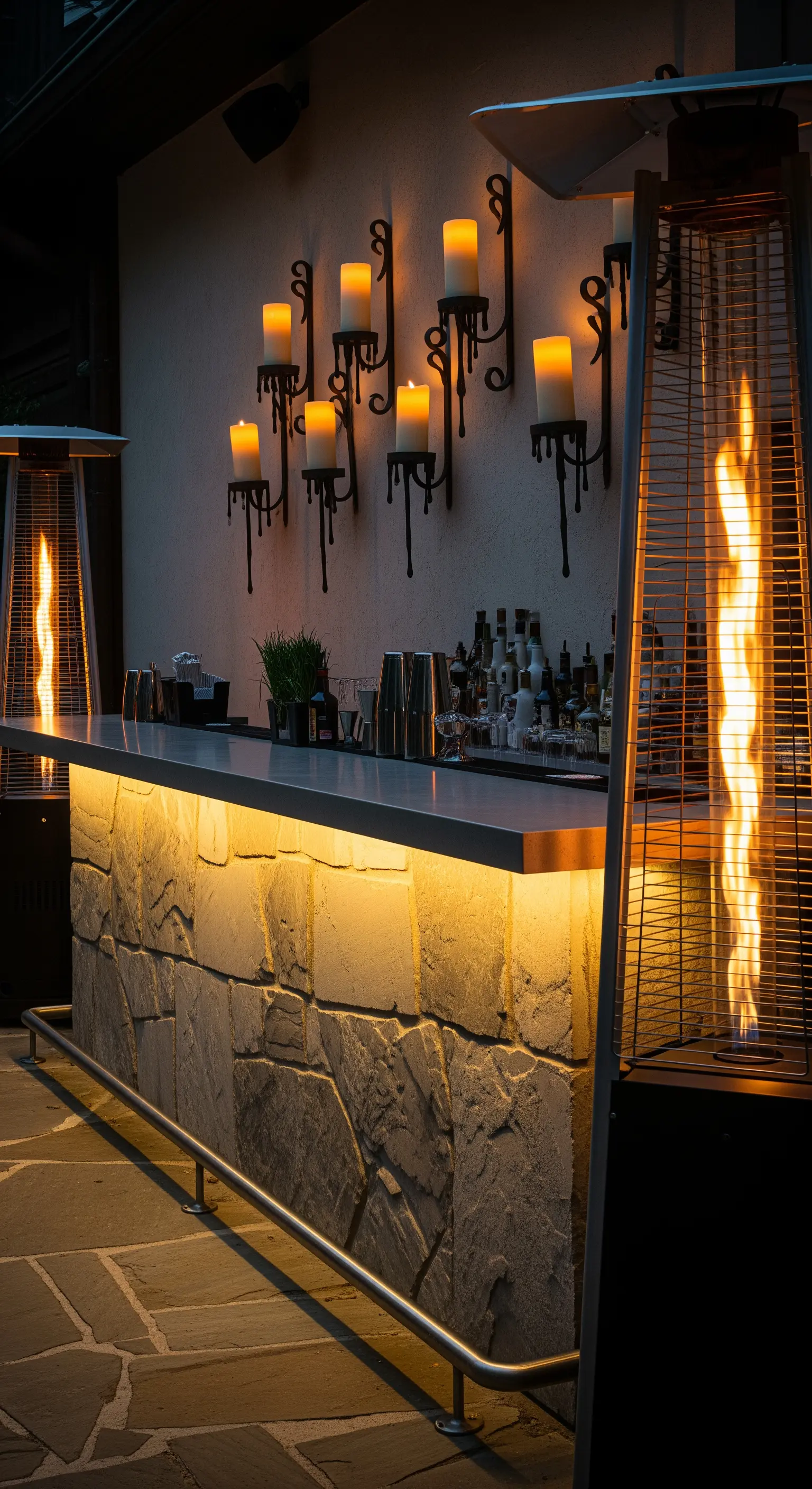 Bancone da bar esterno con base in pietra, illuminato da LED, applique e stufe a fiamma.