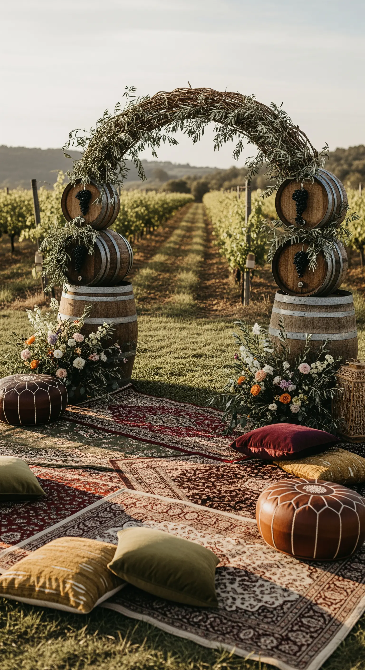 Arco di botti di vino e rami di vite in un vigneto, con tappeti e pouf a terra.