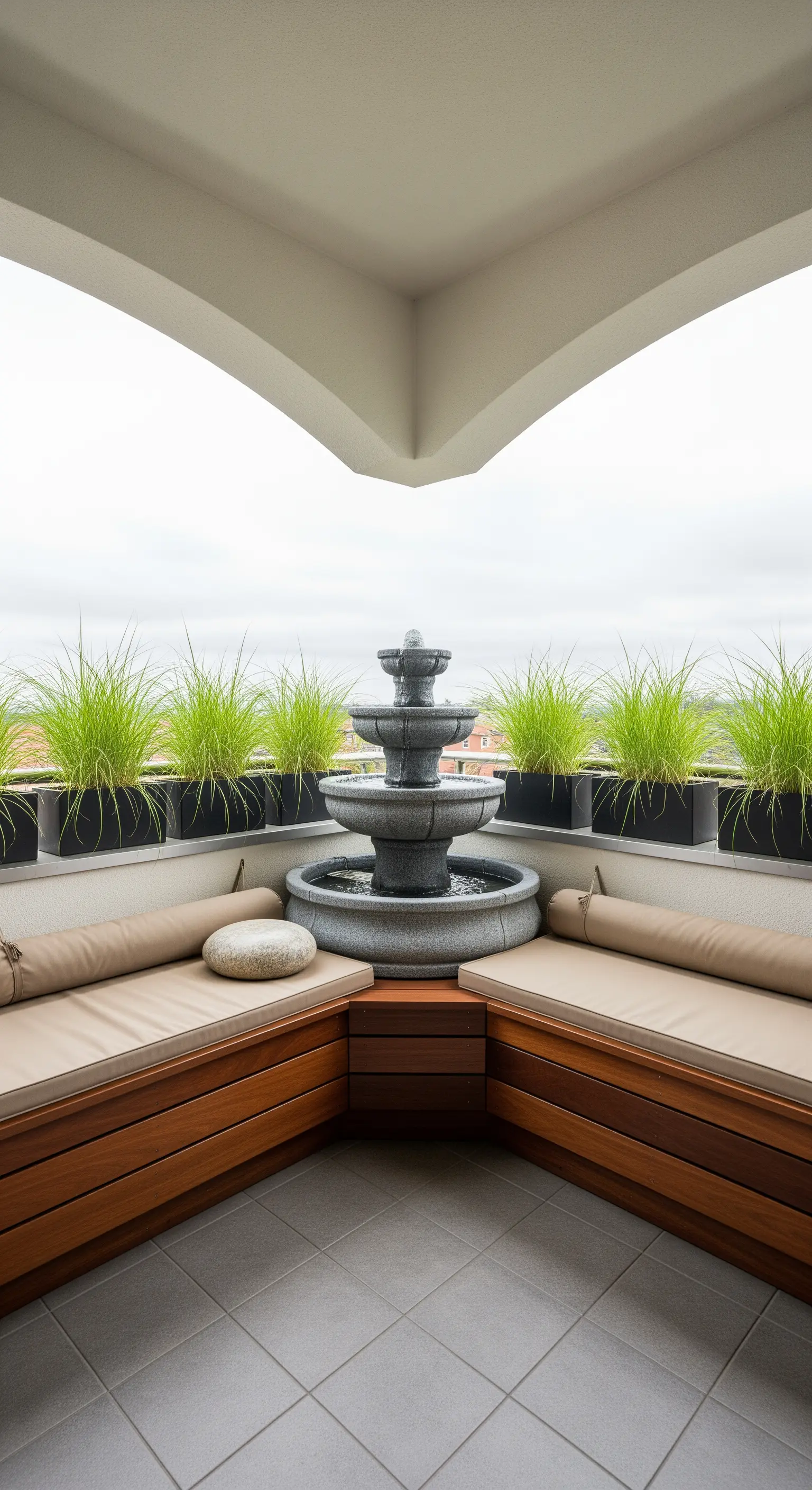 Balcone ad angolo con panca in legno su misura e fontana classica a tre livelli.