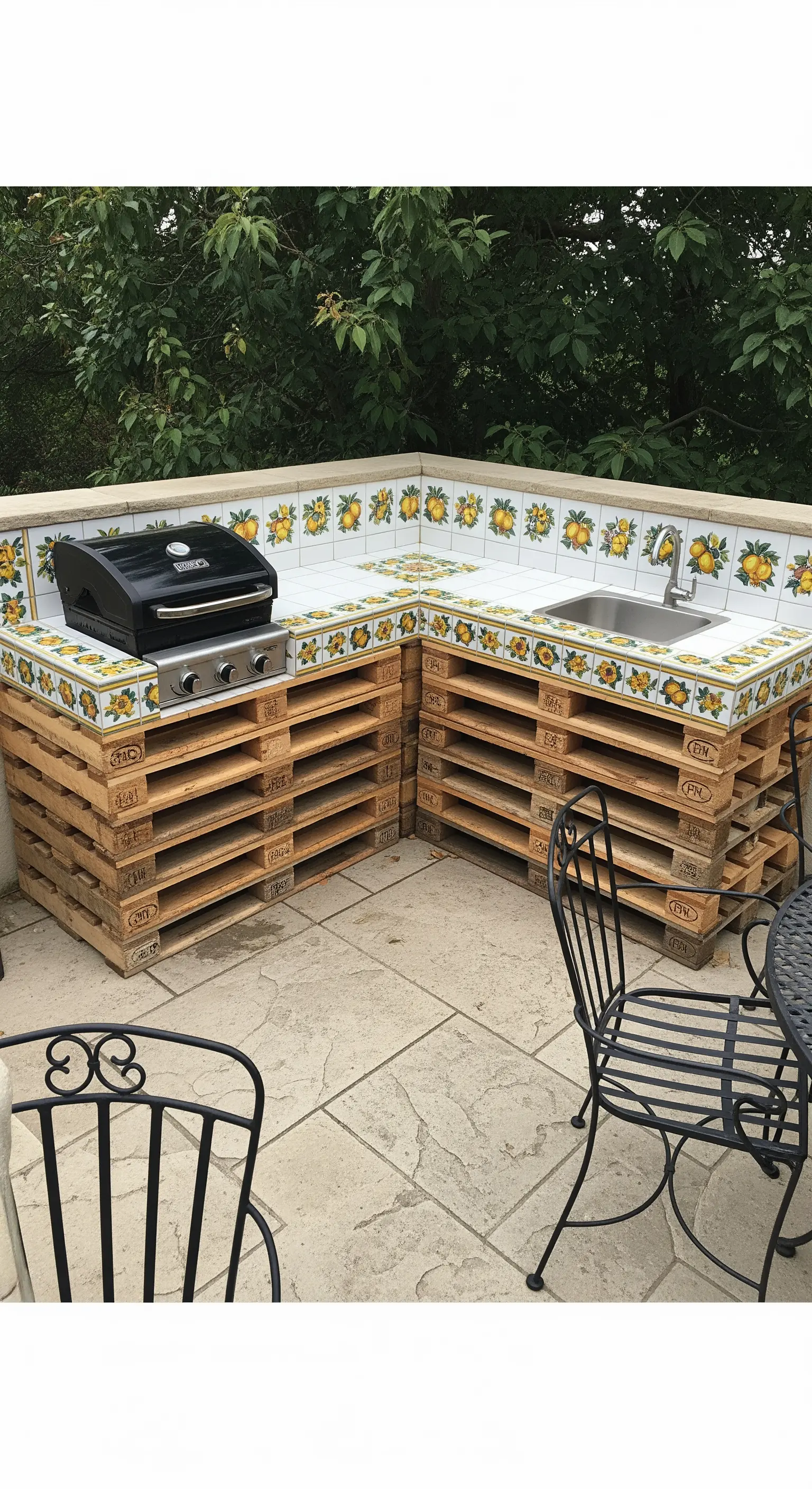 Cucina esterna a L realizzata con pallet e rivestita con piastrelle decorate a tema limoni.