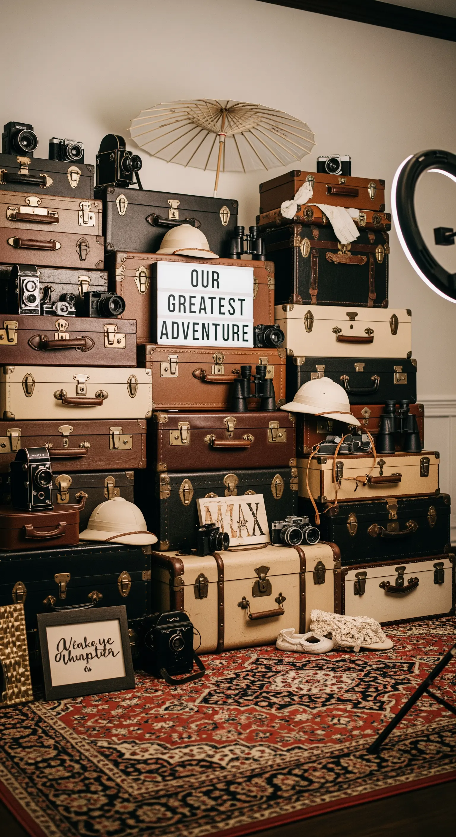 Photo booth a tema viaggio con parete di valigie vintage e accessori da esploratore.