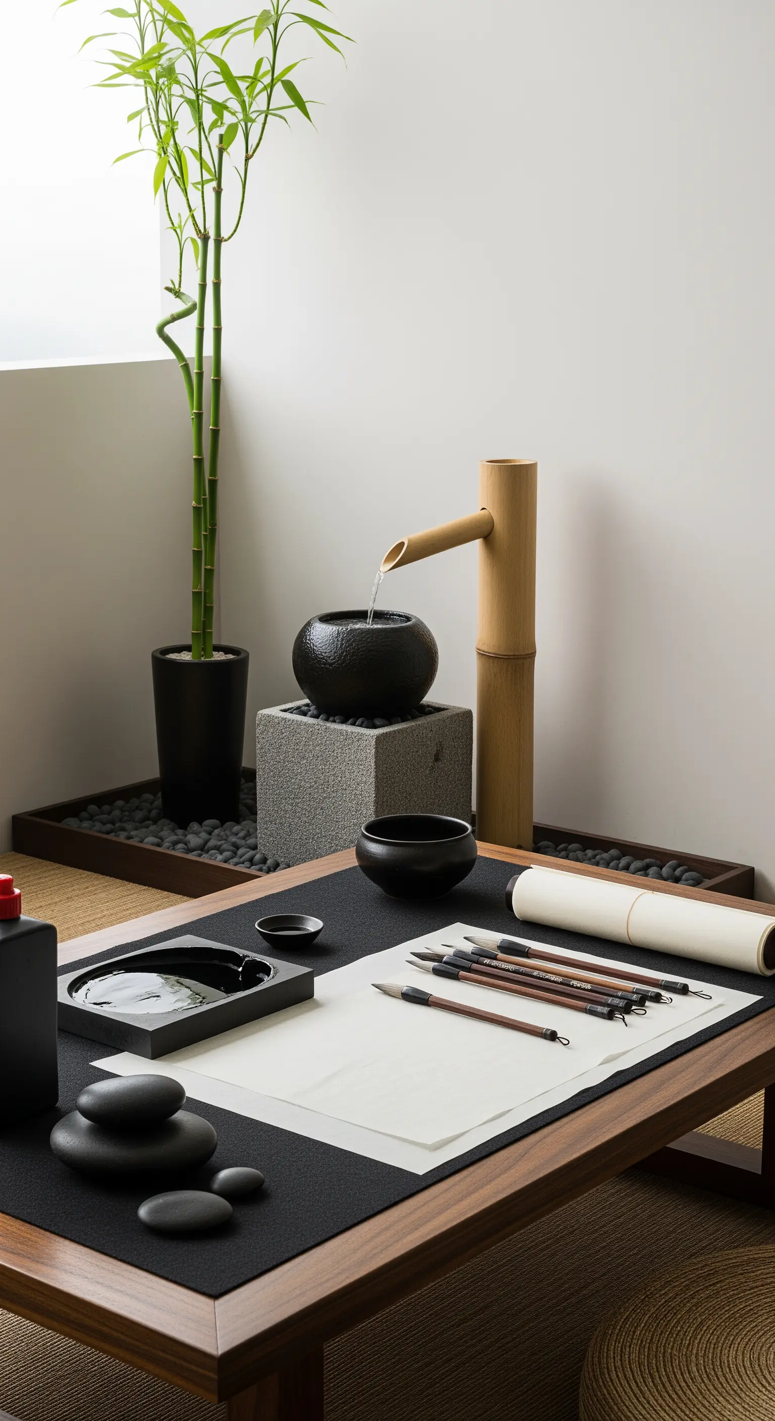 Scrivania con set per calligrafia giapponese, bambù e una piccola fontana da tavolo.