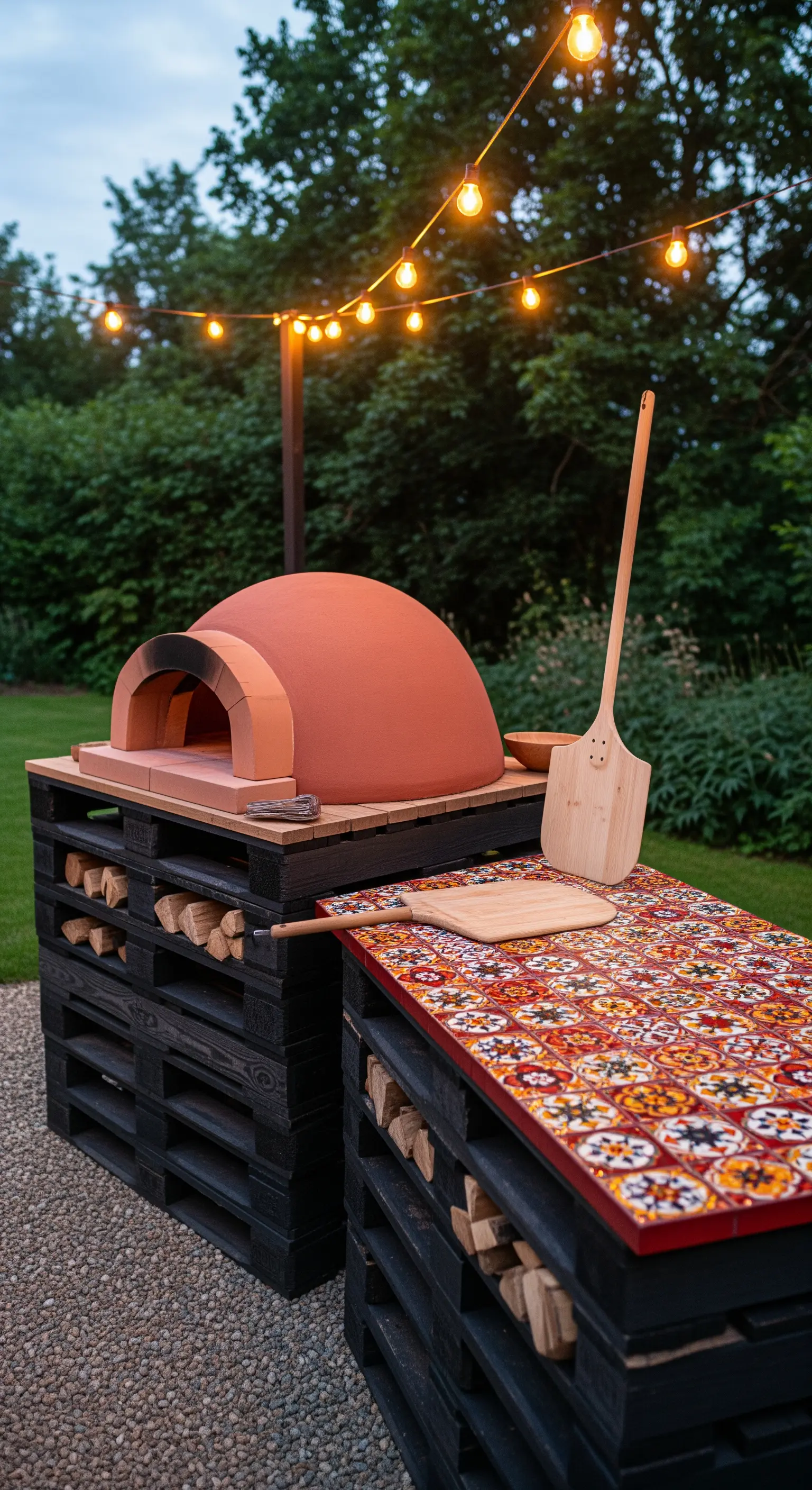 Forno a legna in terracotta appoggiato su una base di pallet neri, con piano di lavoro piastrellato.