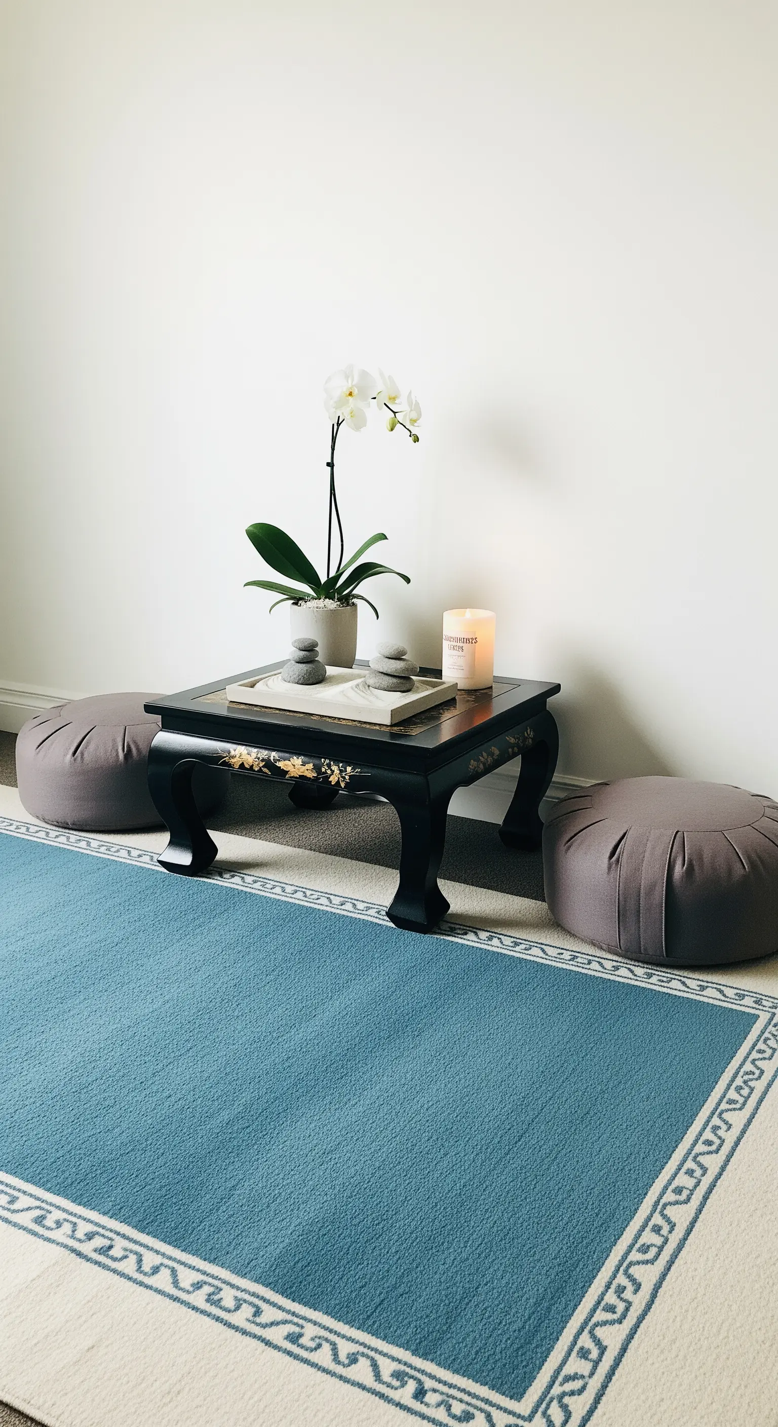 Spazio meditazione con tappeto blu, cuscini zafu, tavolino nero e un'orchidea bianca.