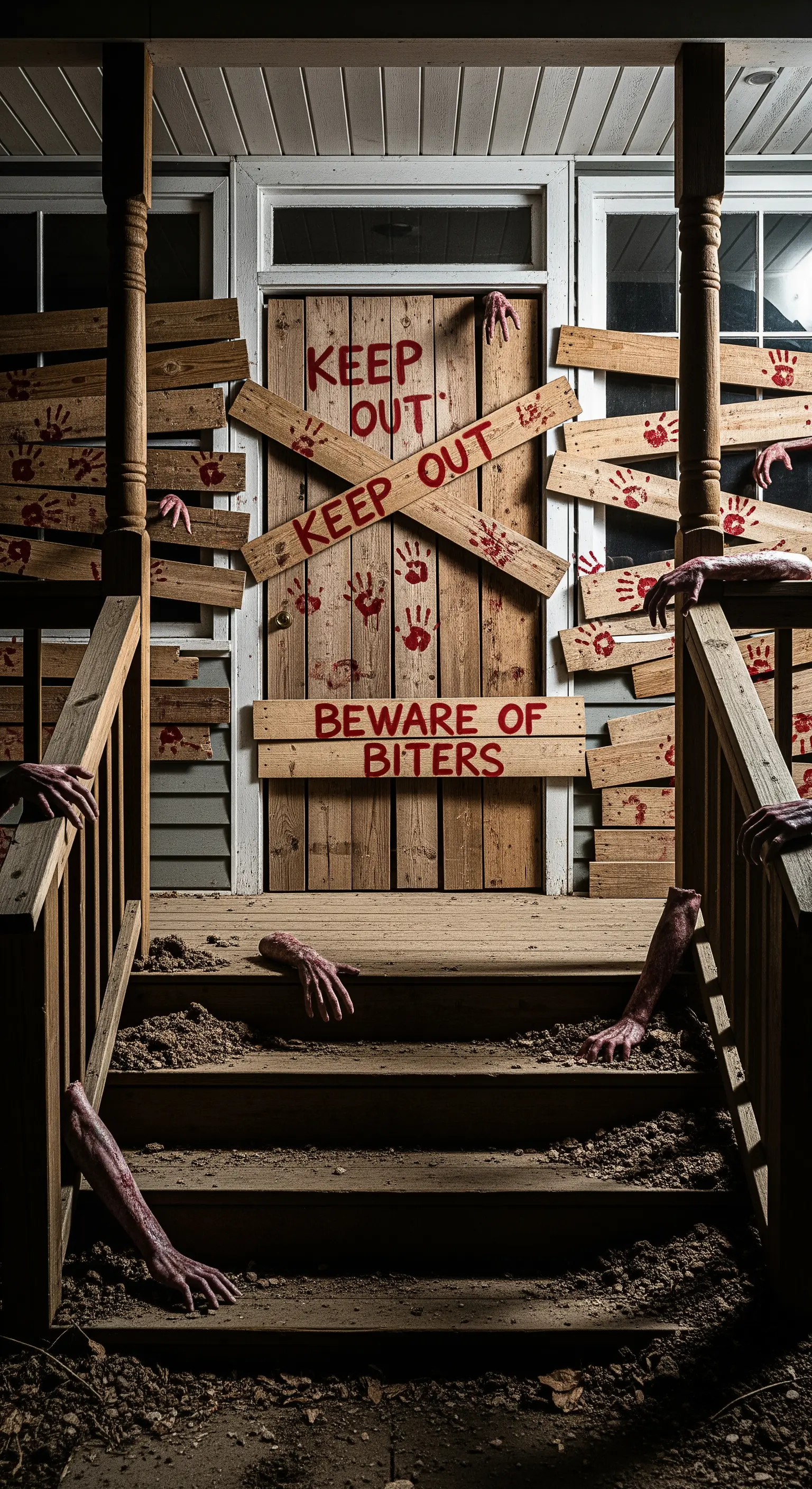 Una porta barricata con assi di legno e scritte di avvertimento, con mani di zombie che spuntano.