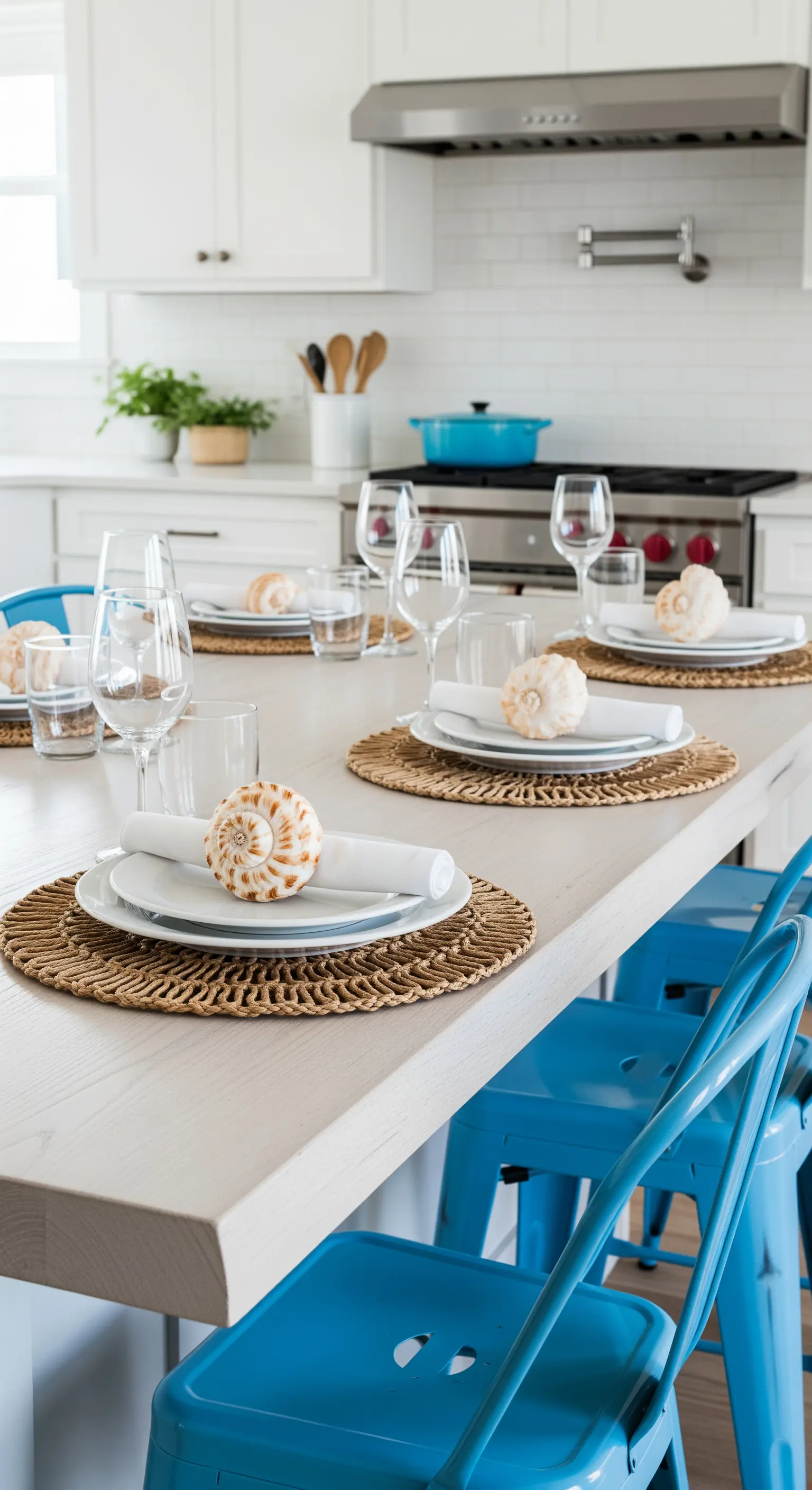 Tavola apparecchiata con tovagliette in paglia, piatti bianchi e conchiglie decorative.