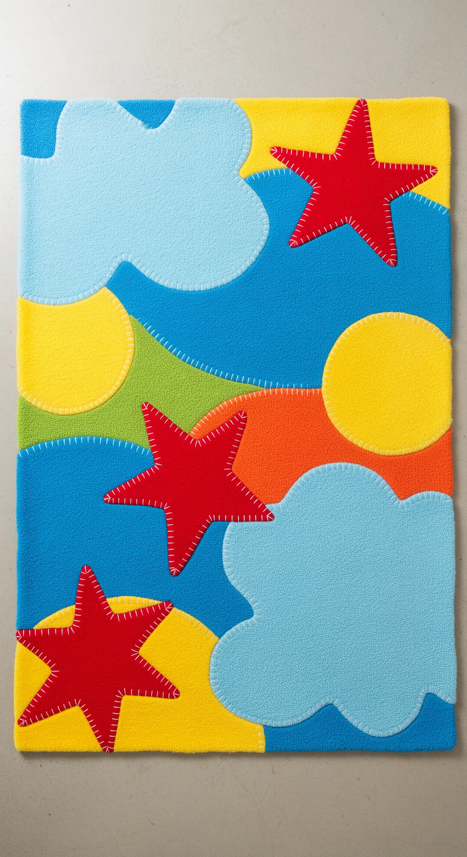 Tappeto per bambini in pile colorato con applicazioni di stelle, nuvole e soli cucite a mano