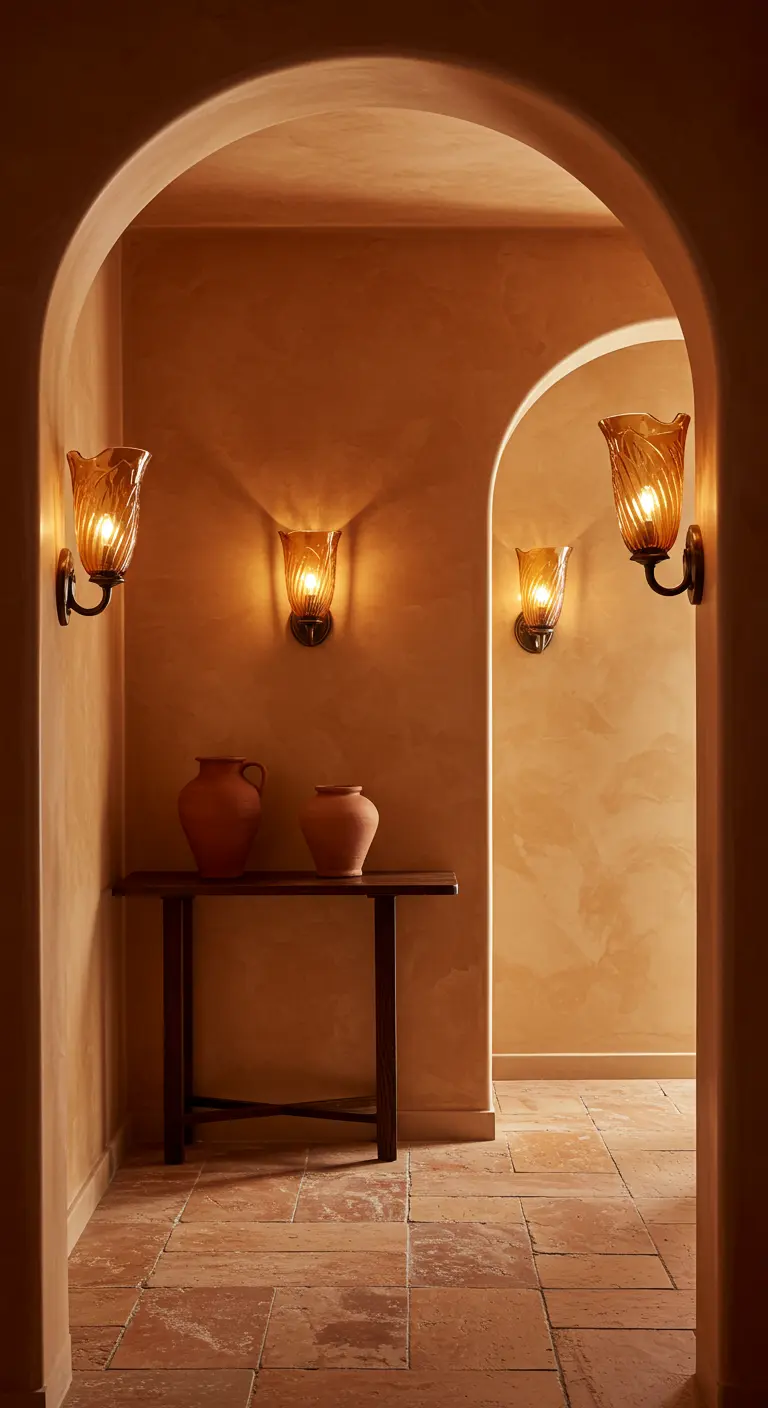 Corridoio con pareti color terracotta, archi e applique in vetro ambrato.