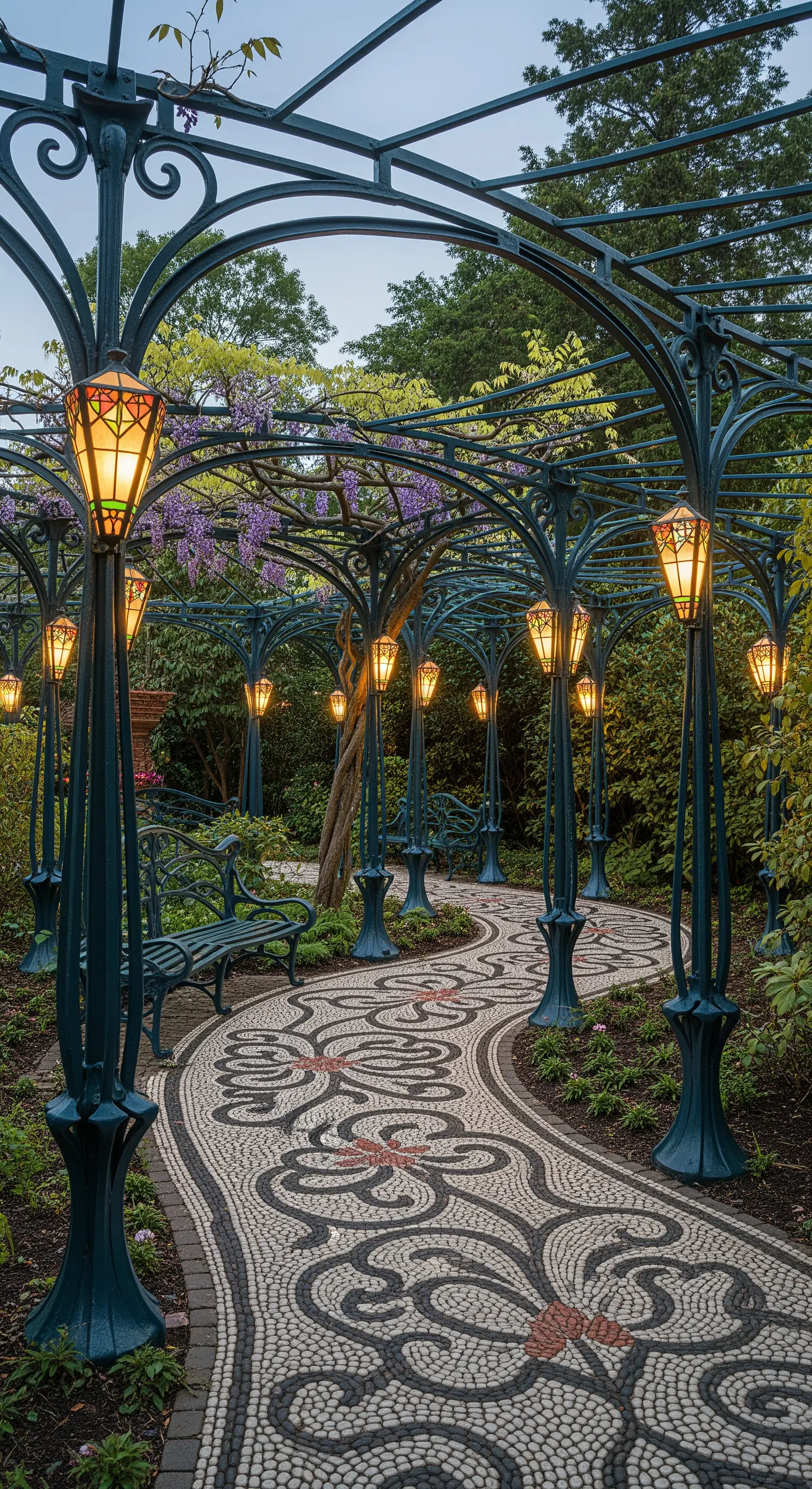 Sentiero a mosaico che si snoda sotto una serie di archi in ferro battuto in stile Art Nouveau.