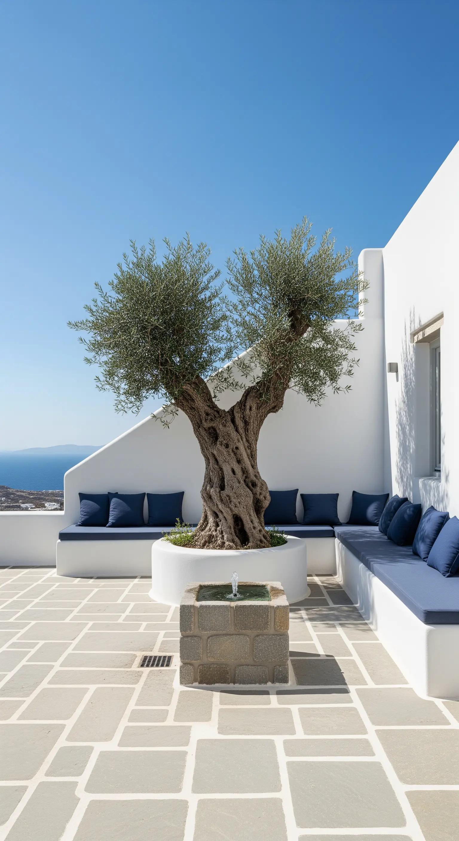 Terrazza minimalista bianca con sedute in muratura e cuscini blu intenso attorno a un ulivo.