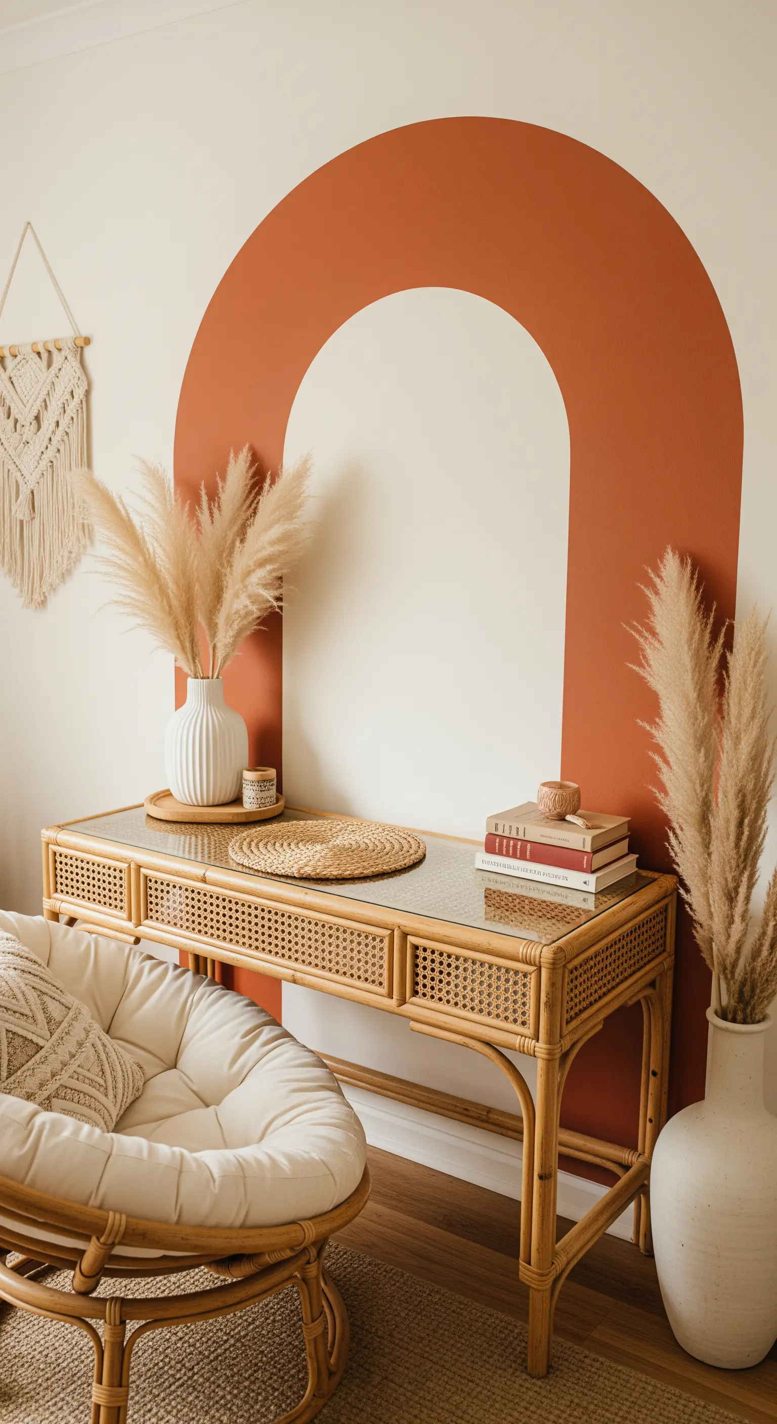Scrivania in rattan posizionata davanti a un grande arco color terracotta dipinto su una parete bianca.
