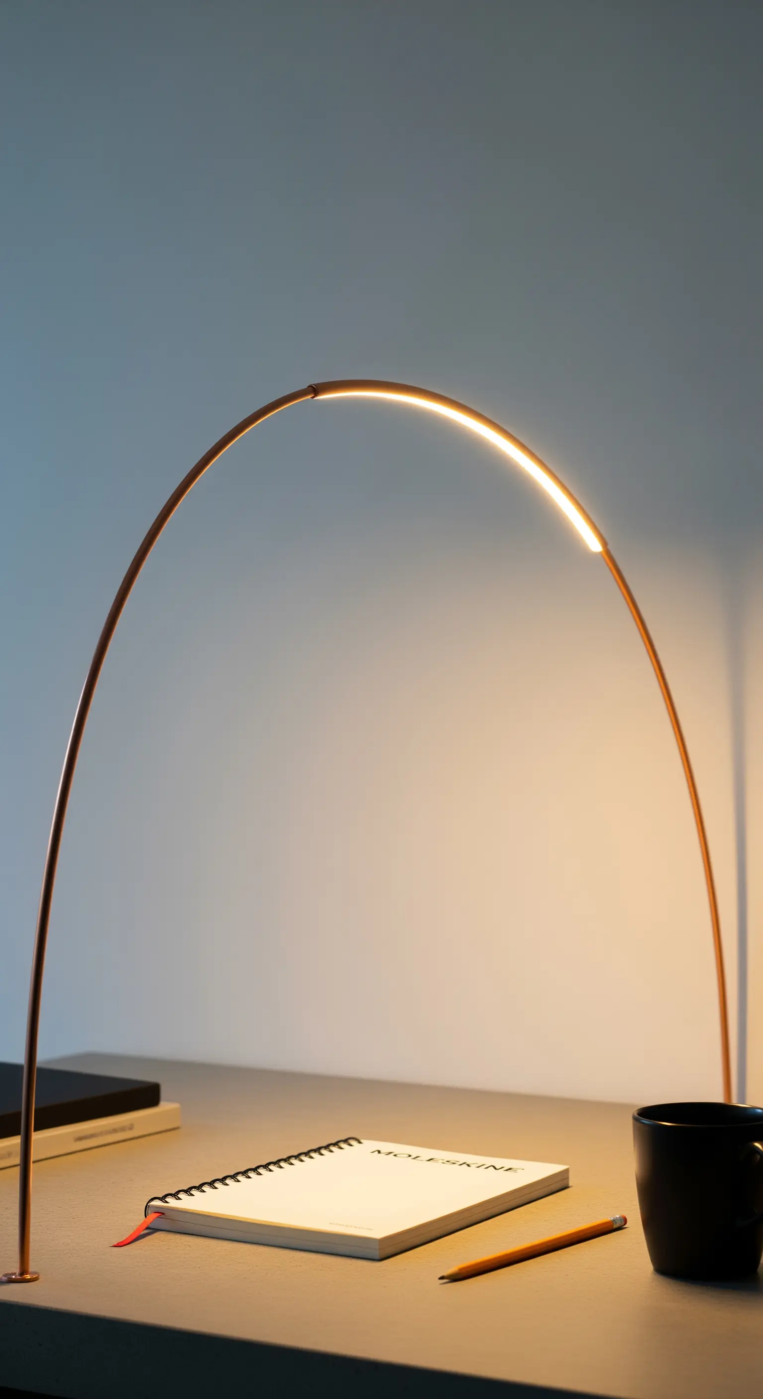 Lampada da scrivania minimalista a forma di arco in rame con una striscia LED integrata.