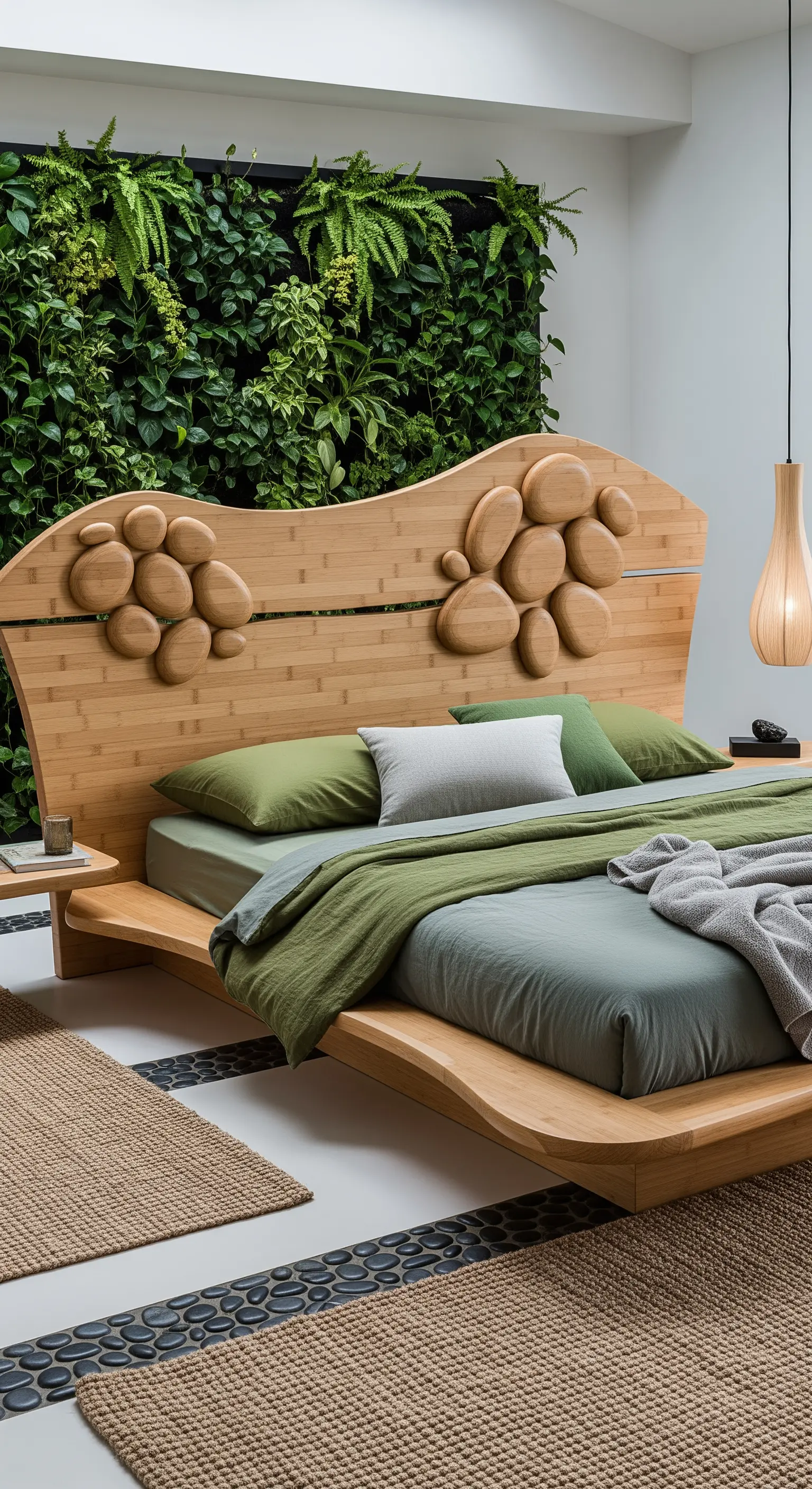 Testiera in bambù con decorazioni a forma di ciottoli e una parete verde verticale sullo sfondo.