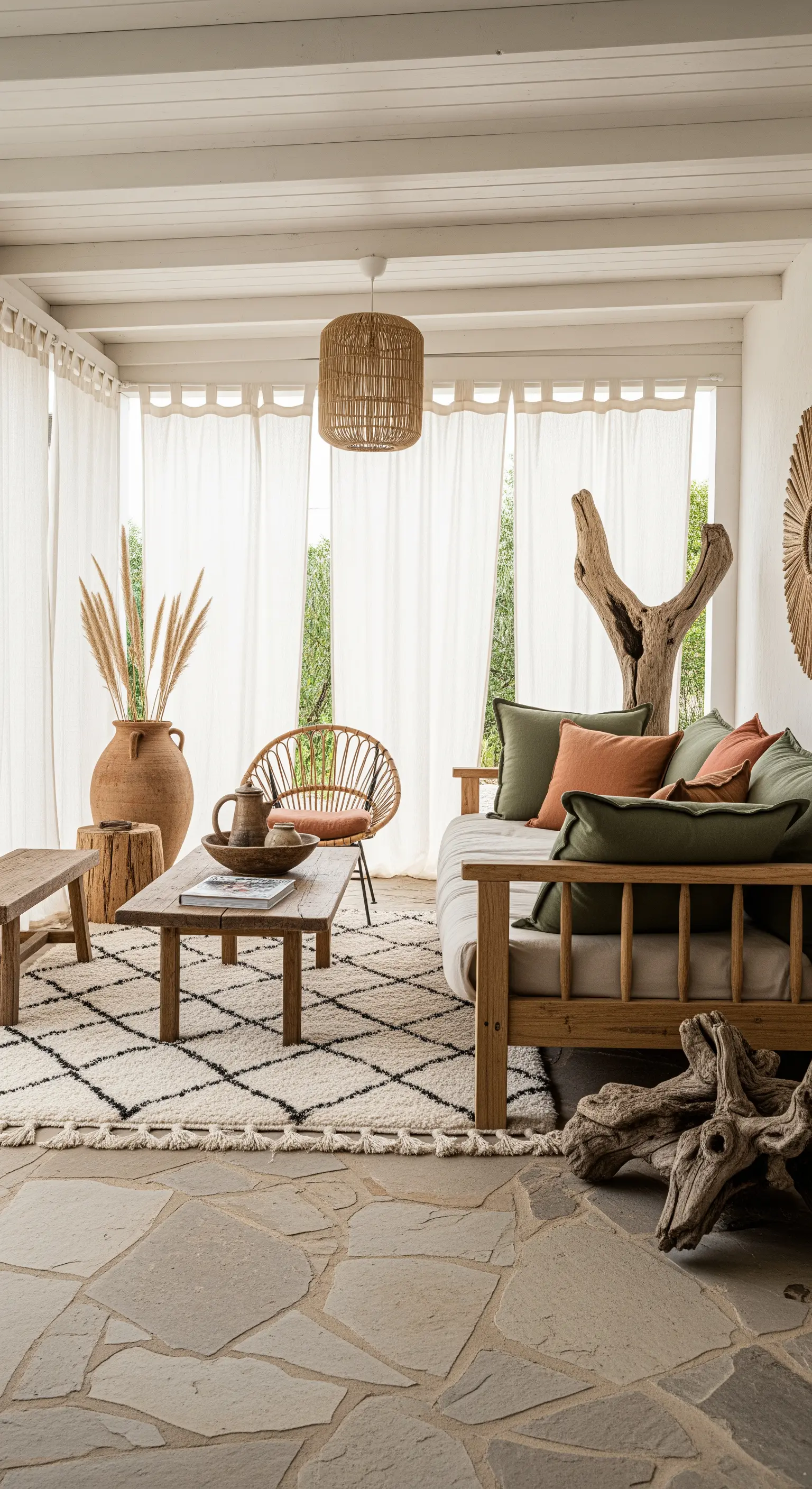 Spazio living boho con arredi in legno naturale, tappeto Beni Ourain e vaso con erba della Pampa.