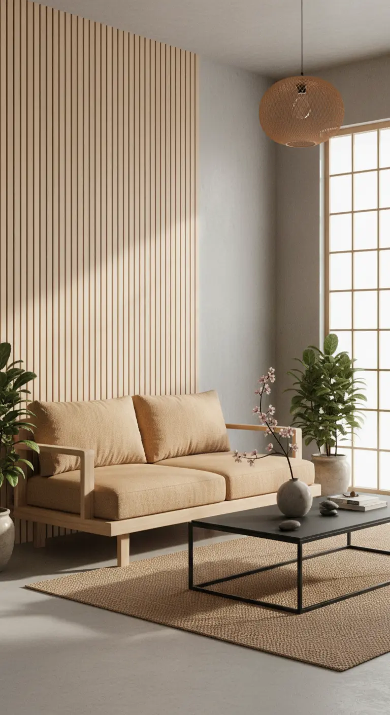 Divano beige con struttura in legno chiaro e parete con listelli verticali in legno.