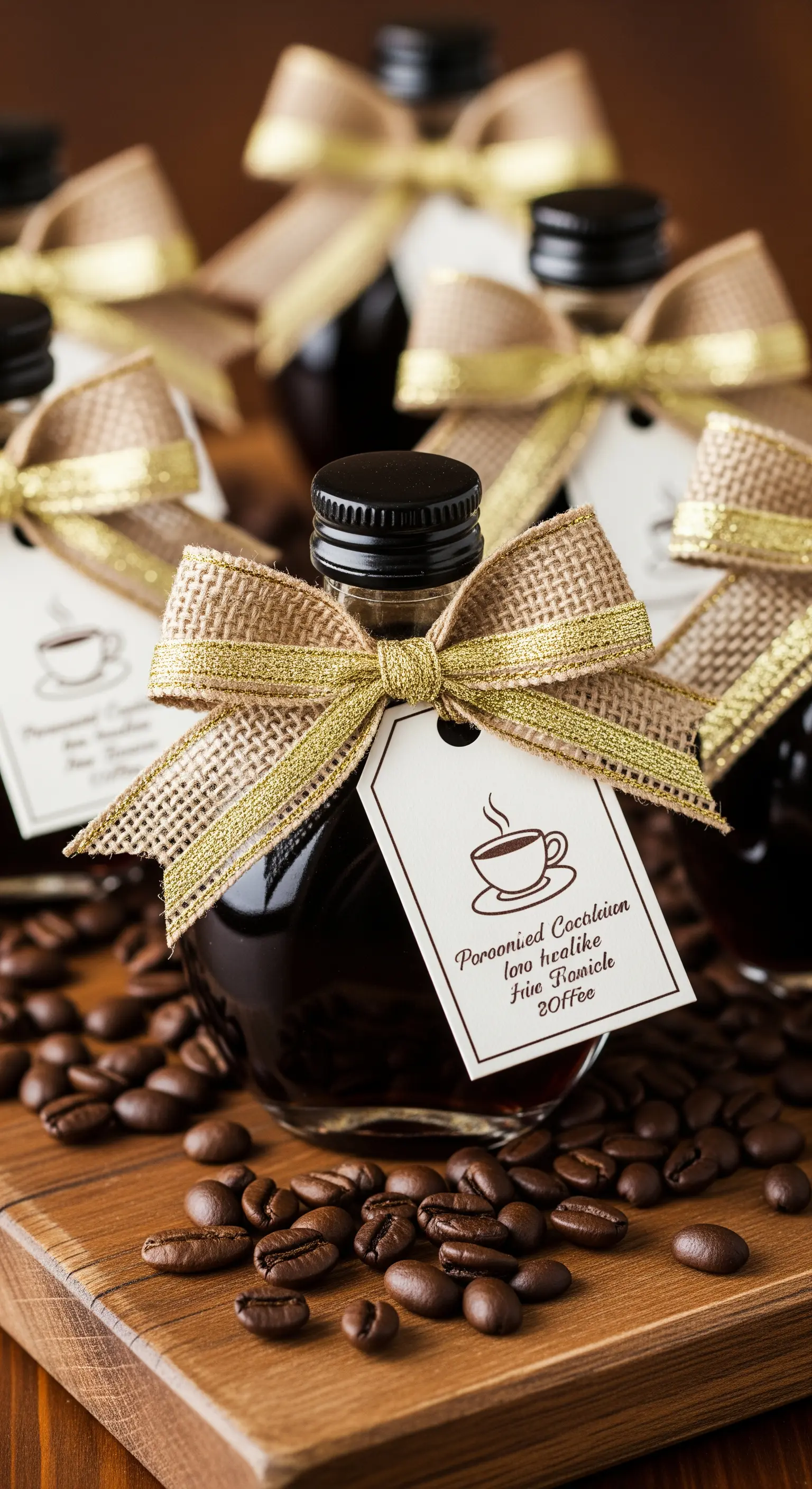 Bomboniere con liquore al caffè, decorate con un fiocco di juta e oro, su chicchi di caffè.