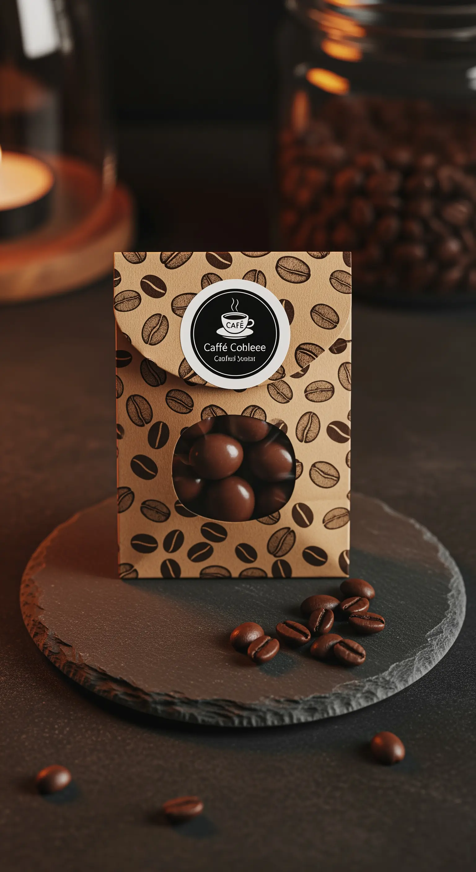 Scatolina con stampa di chicchi di caffè, contenente cioccolatini a forma di chicco.