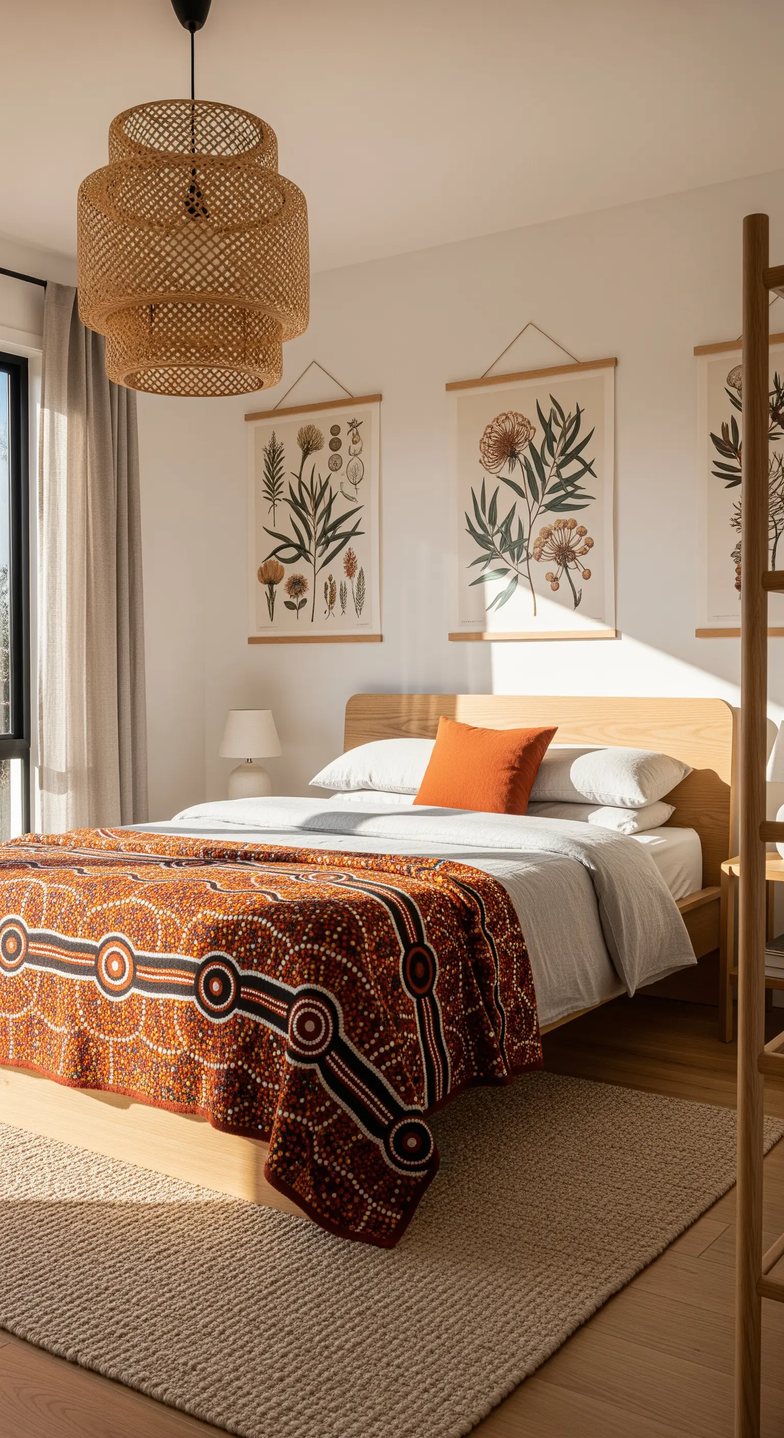 Letto in legno chiaro con coperta ispirata all'arte aborigena, in una stanza luminosa con stampe botaniche.