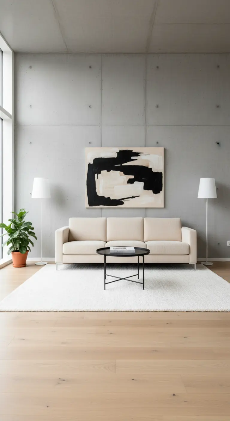 Divano color crema davanti a una parete in cemento con un quadro astratto appeso.