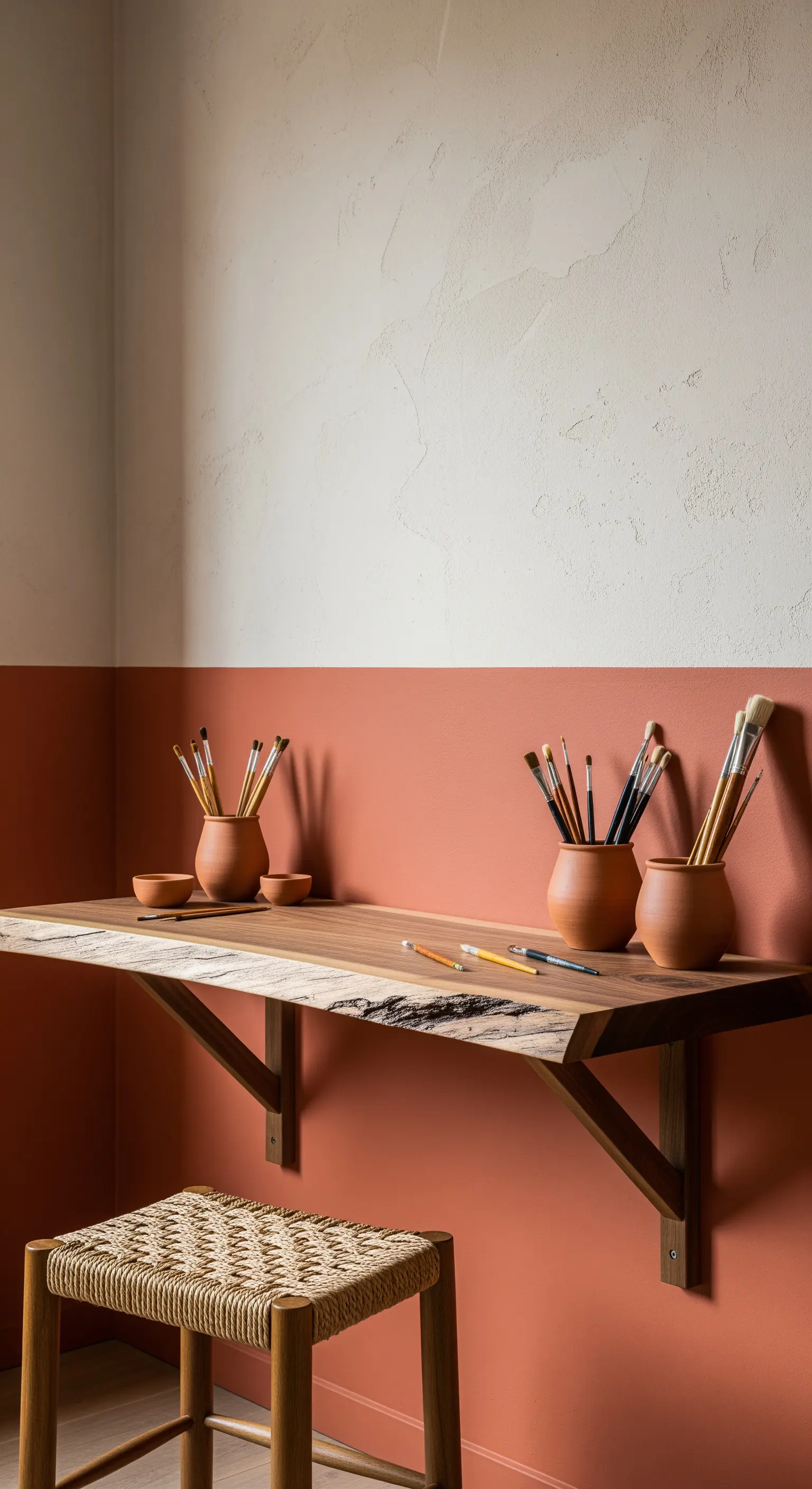 Mensola-scrivania in legno grezzo montata su una parete bicolore, terracotta sotto e intonaco bianco sopra.