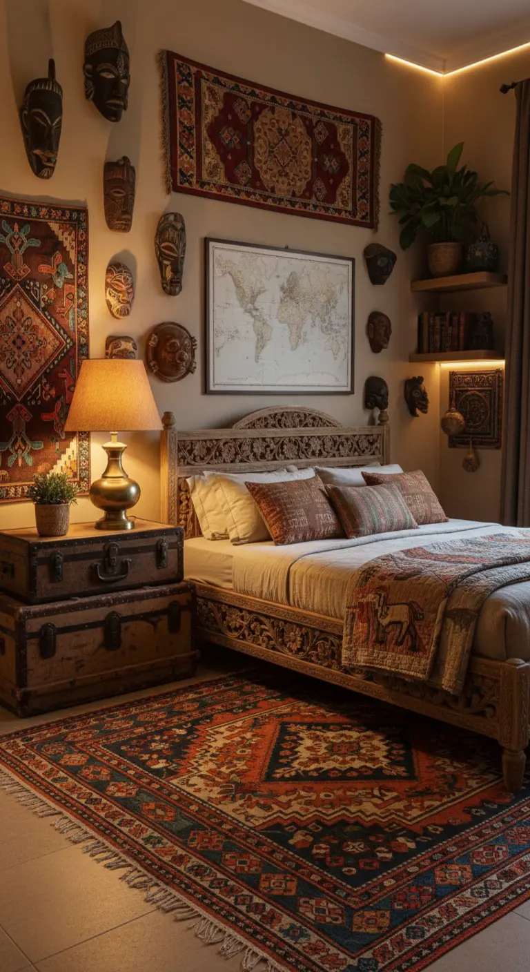 Camera da letto etnica con maschere africane, arazzi e un letto in legno intagliato.