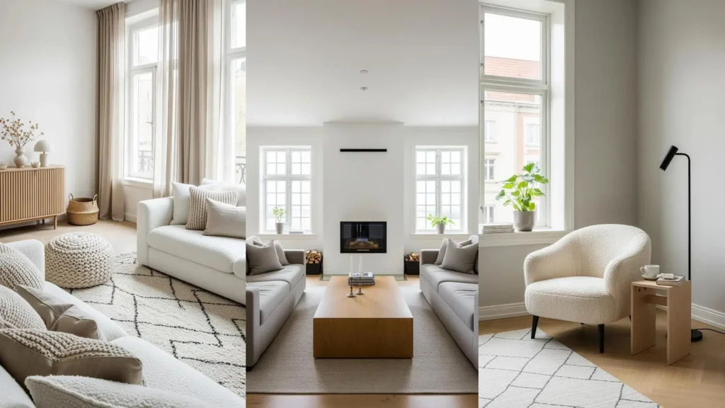 Salotti scandinavi luminosi con divani chiari, tavolini in legno chiaro, tessuti naturali e grandi finestre che creano un'atmosfera nordica.