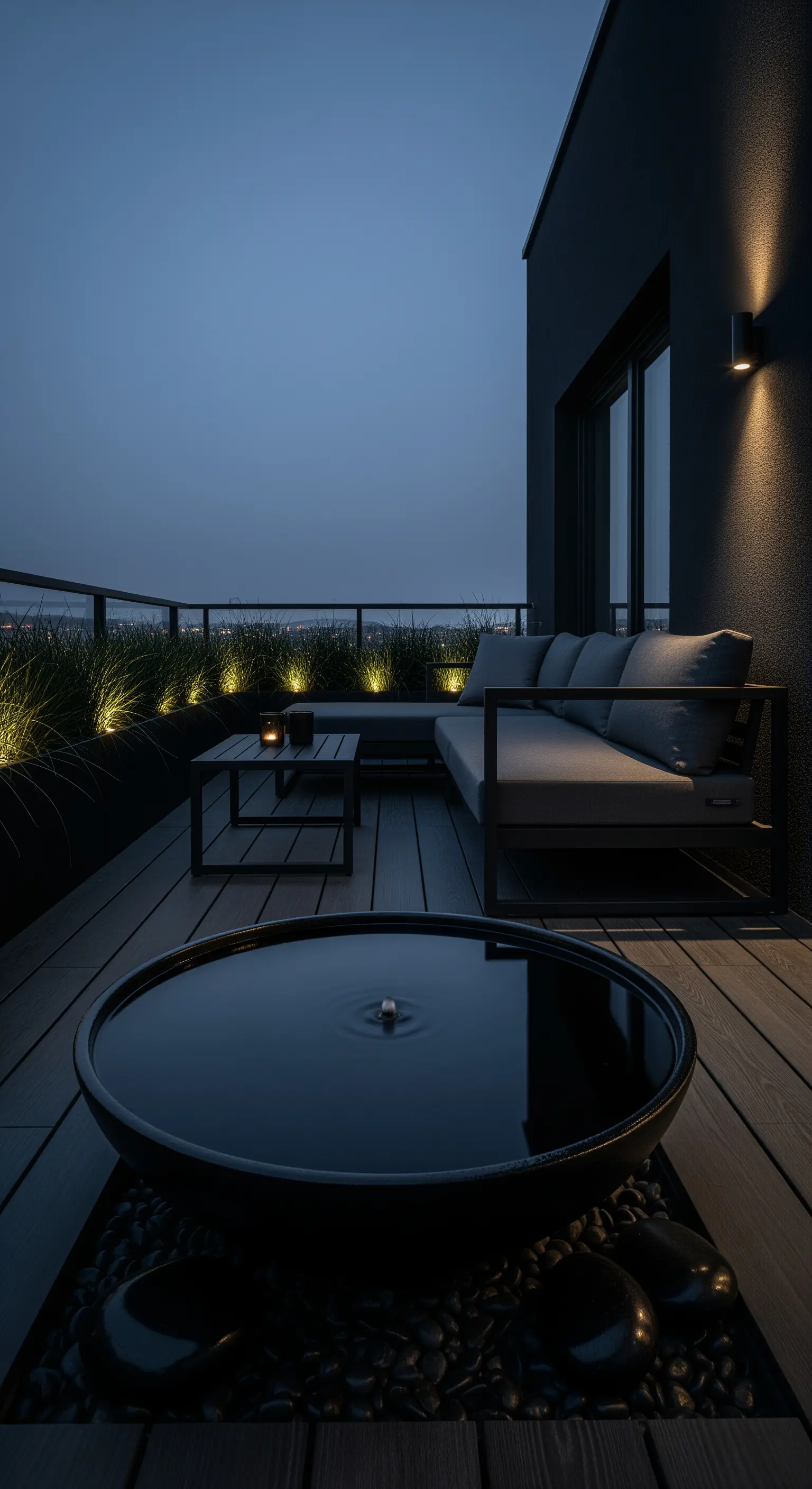 Terrazza di notte con divano, luci soffuse tra le piante e una grande fontana a specchio.