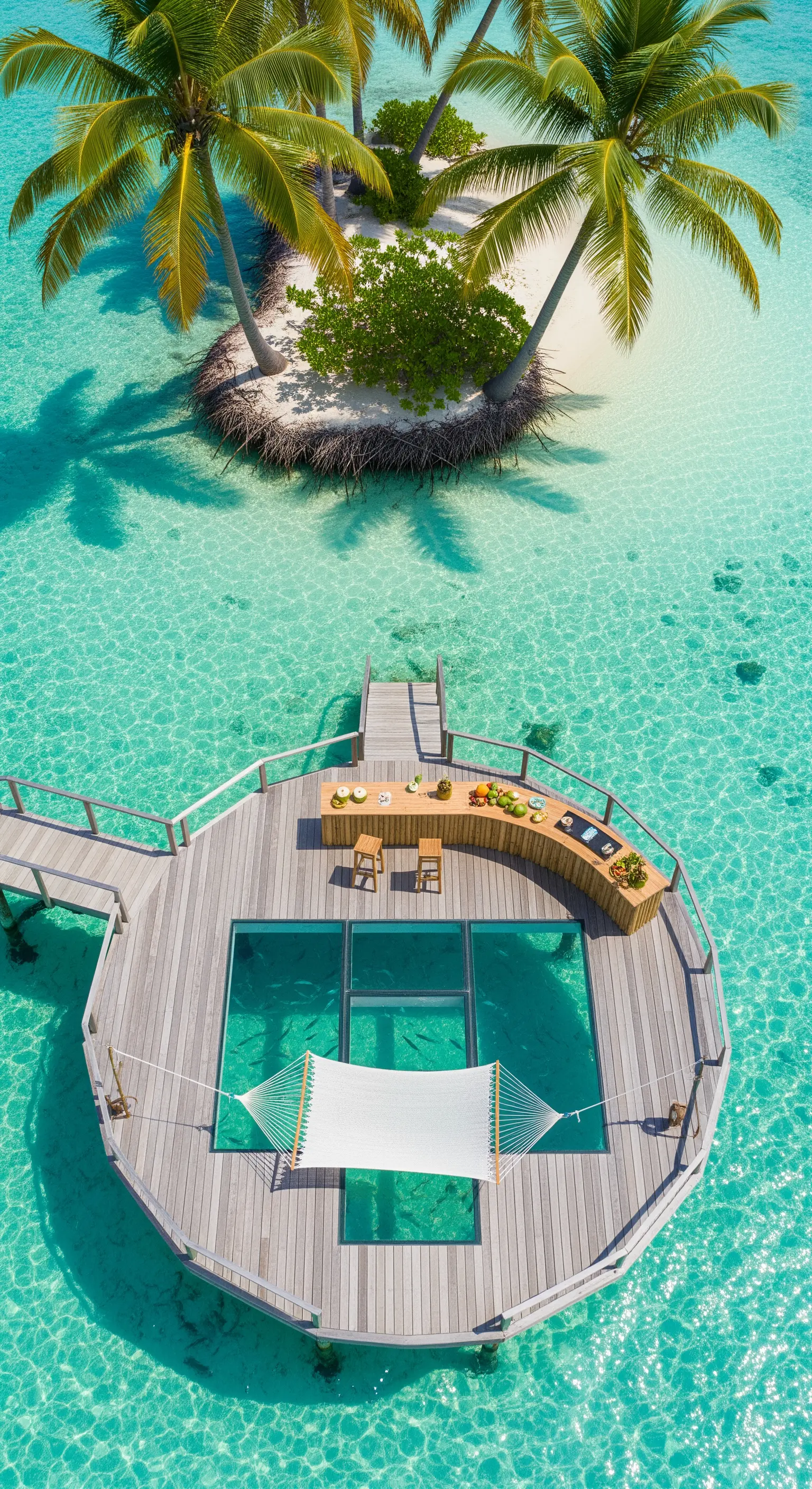 Piattaforma overwater con bar in legno, amaca e pavimento in vetro per vedere il mare