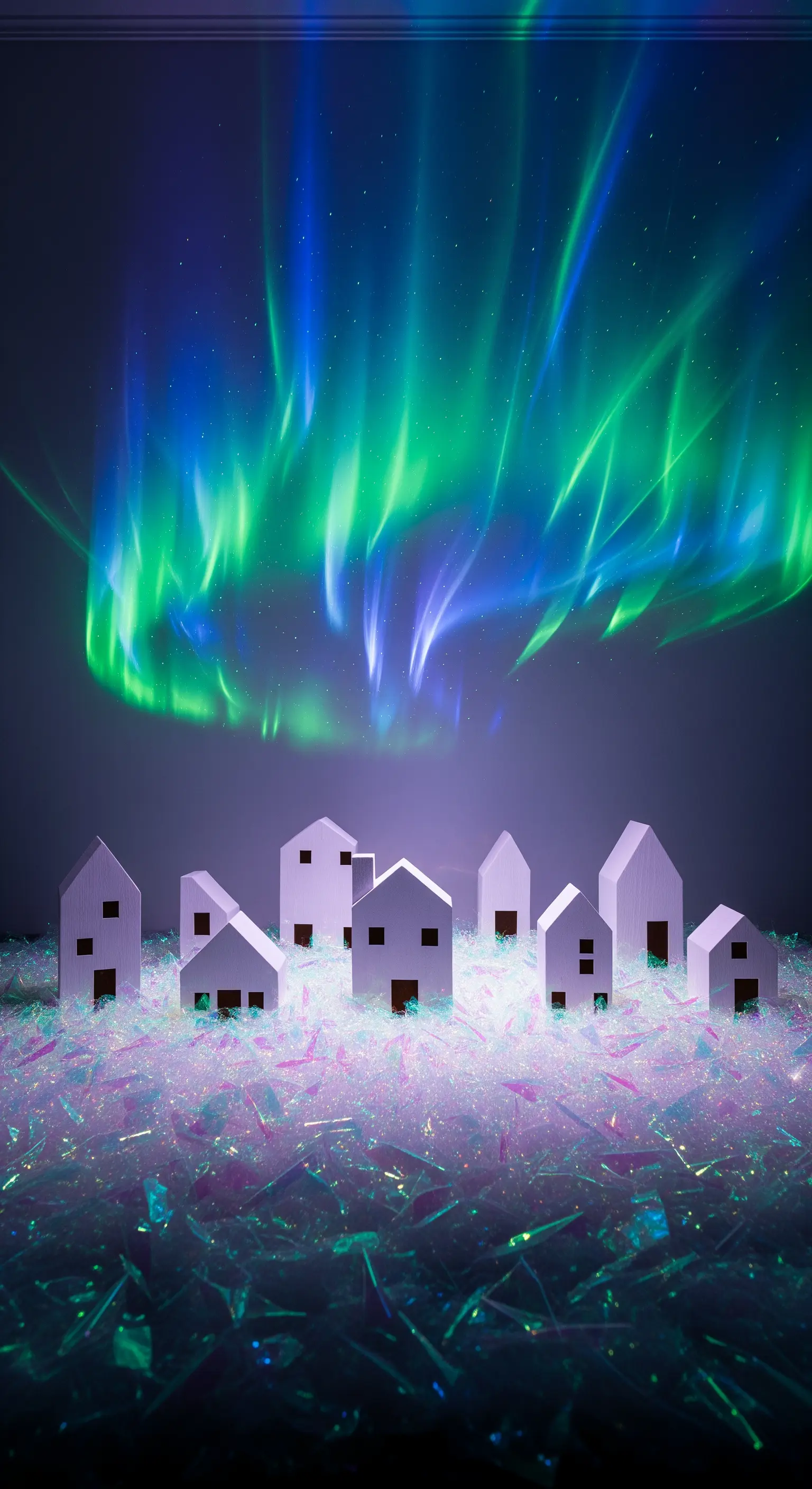 Villaggio di casette bianche minimaliste sotto una proiezione di luce effetto aurora boreale.