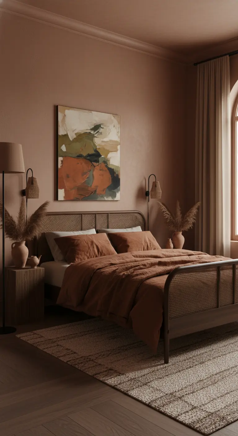 Camera da letto con pareti e lenzuola color terracotta e un letto in rattan scuro.