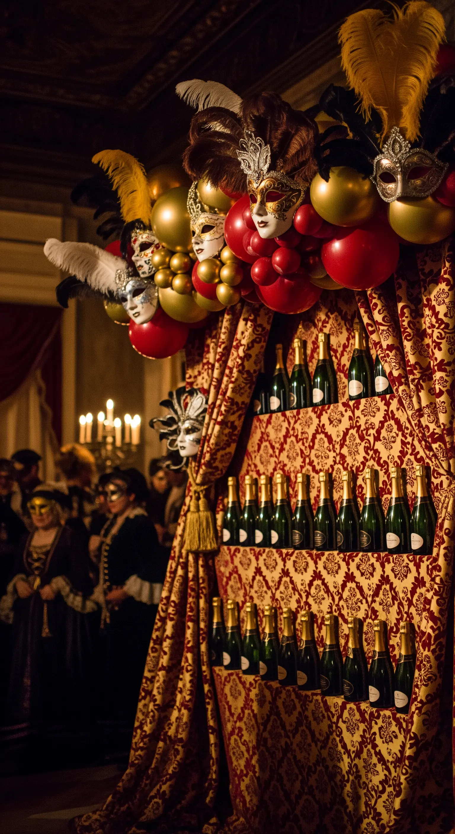 Allestimento a tema Carnevale di Venezia con drappeggio damascato e maschere.