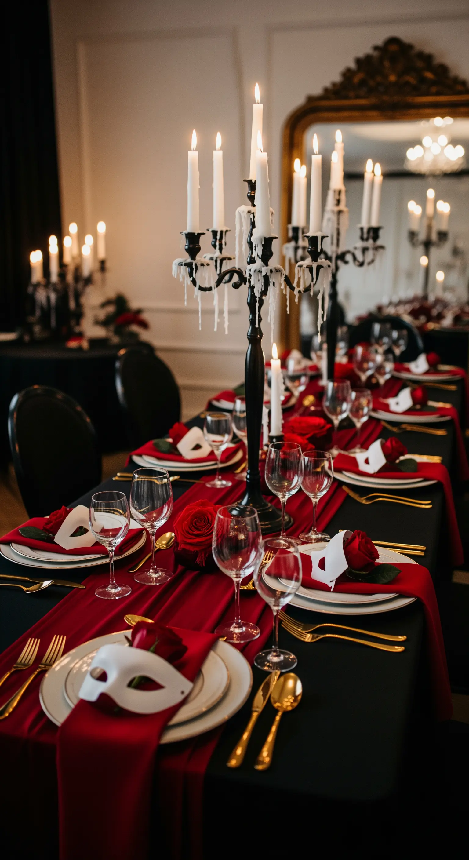 Tavola apparecchiata in stile gotico con tovaglia nera, runner rosso, candelabri neri e rose rosse.