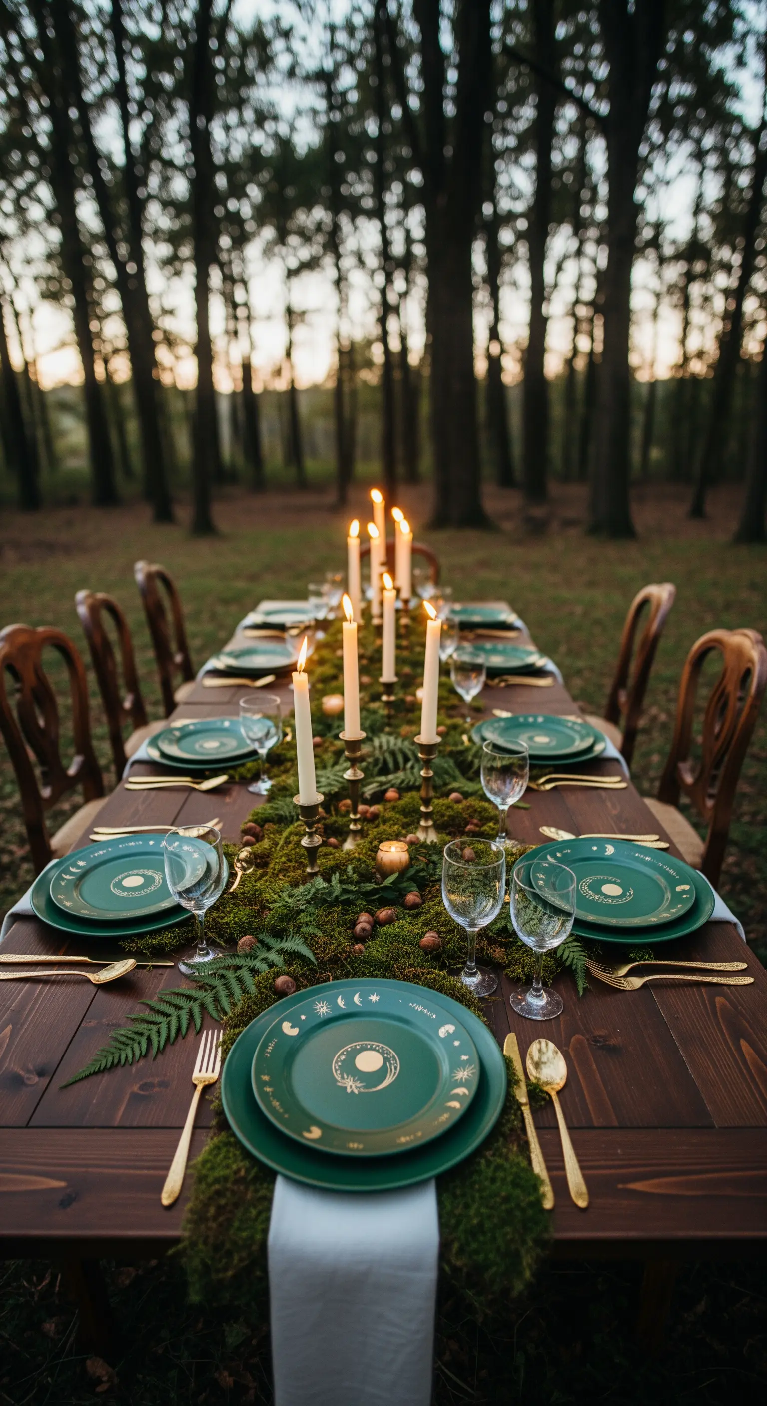 Tavola nel bosco con runner di muschio, piatti verdi con lune dorate e candele alte.
