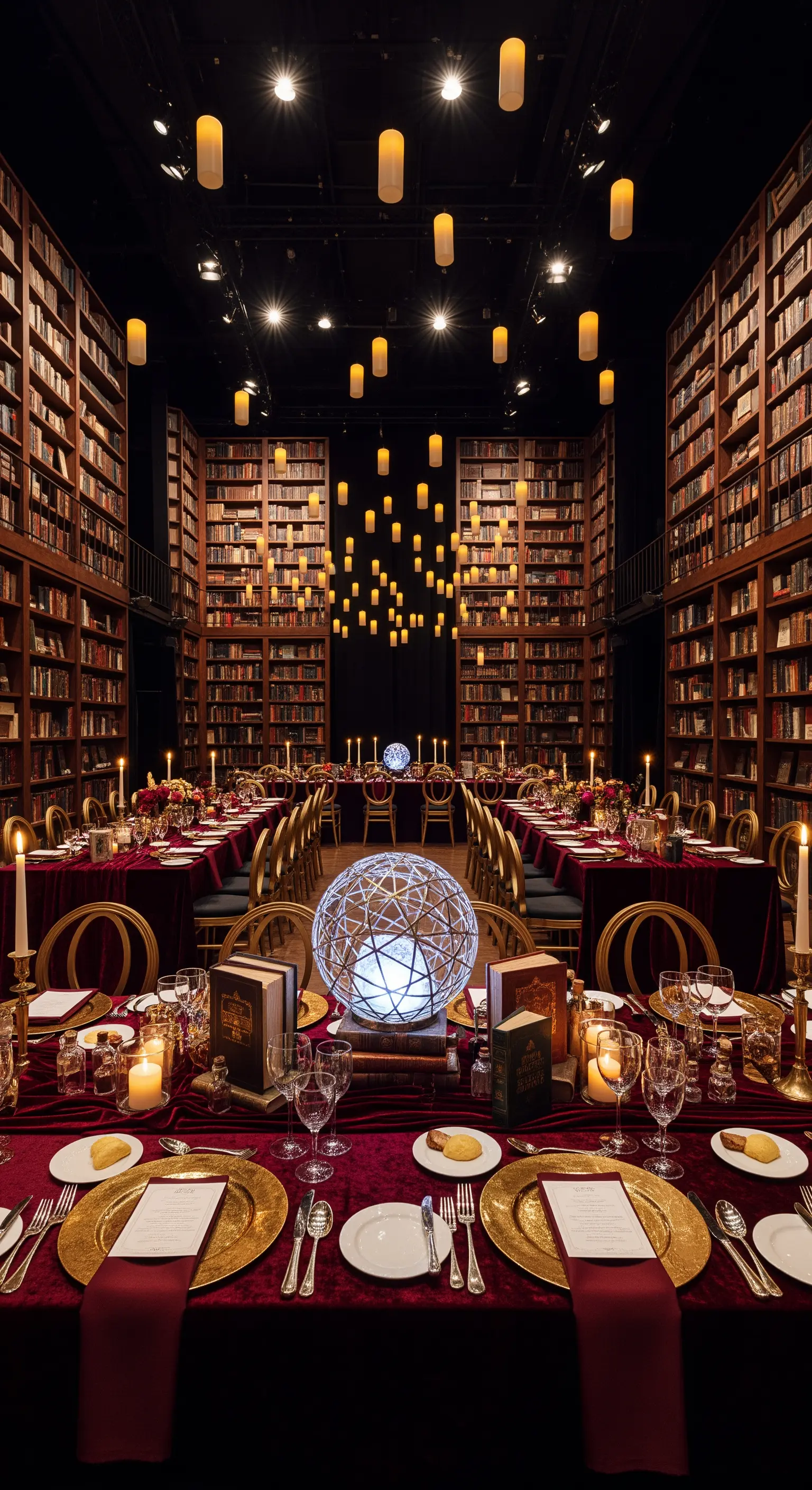 Sala da banchetto in una biblioteca con lunghe tavole, sedie dorate e candele fluttuanti.