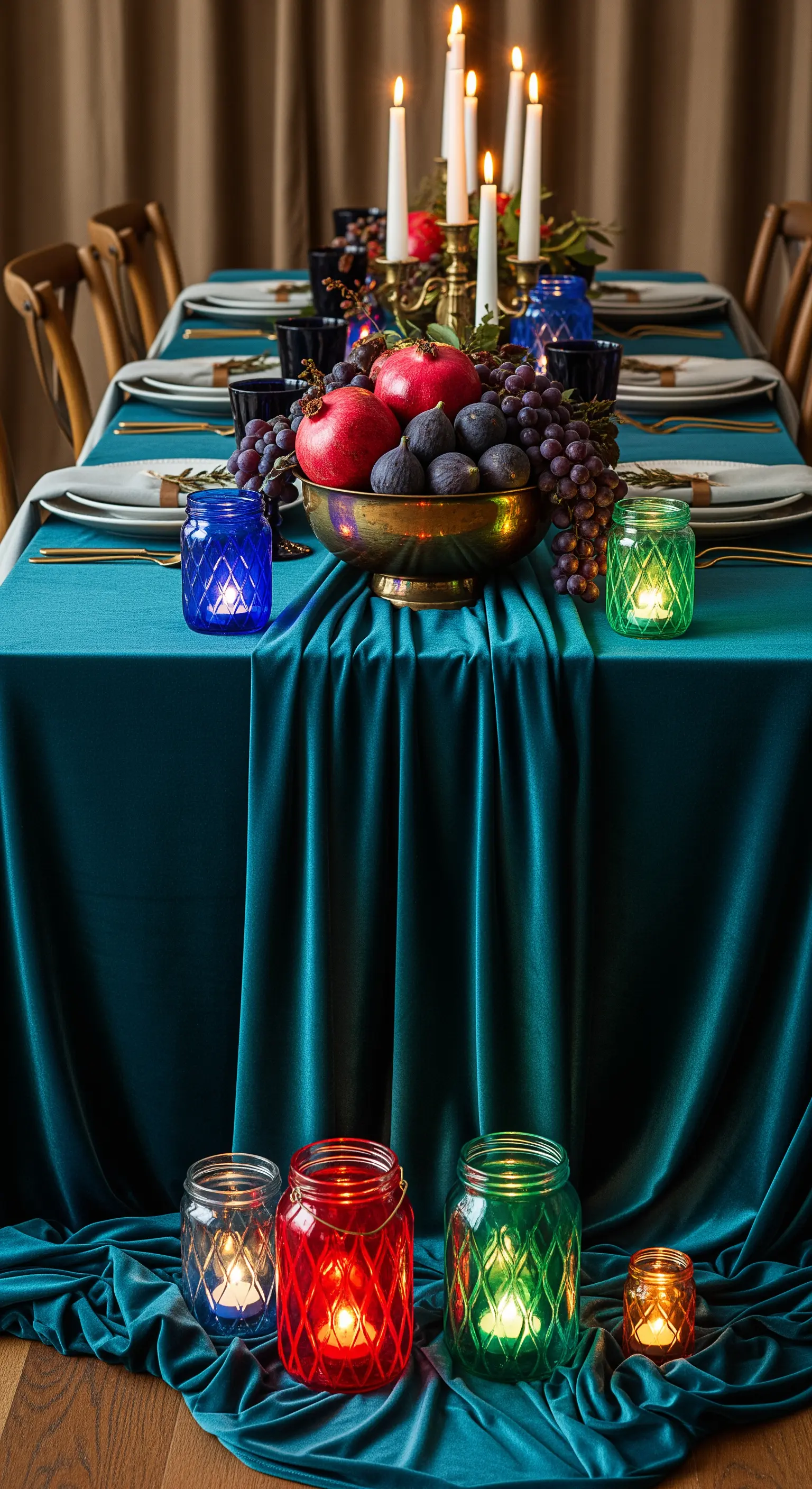 Tavola elegante con tovaglia in velluto, frutta scura e portacandele colorati.