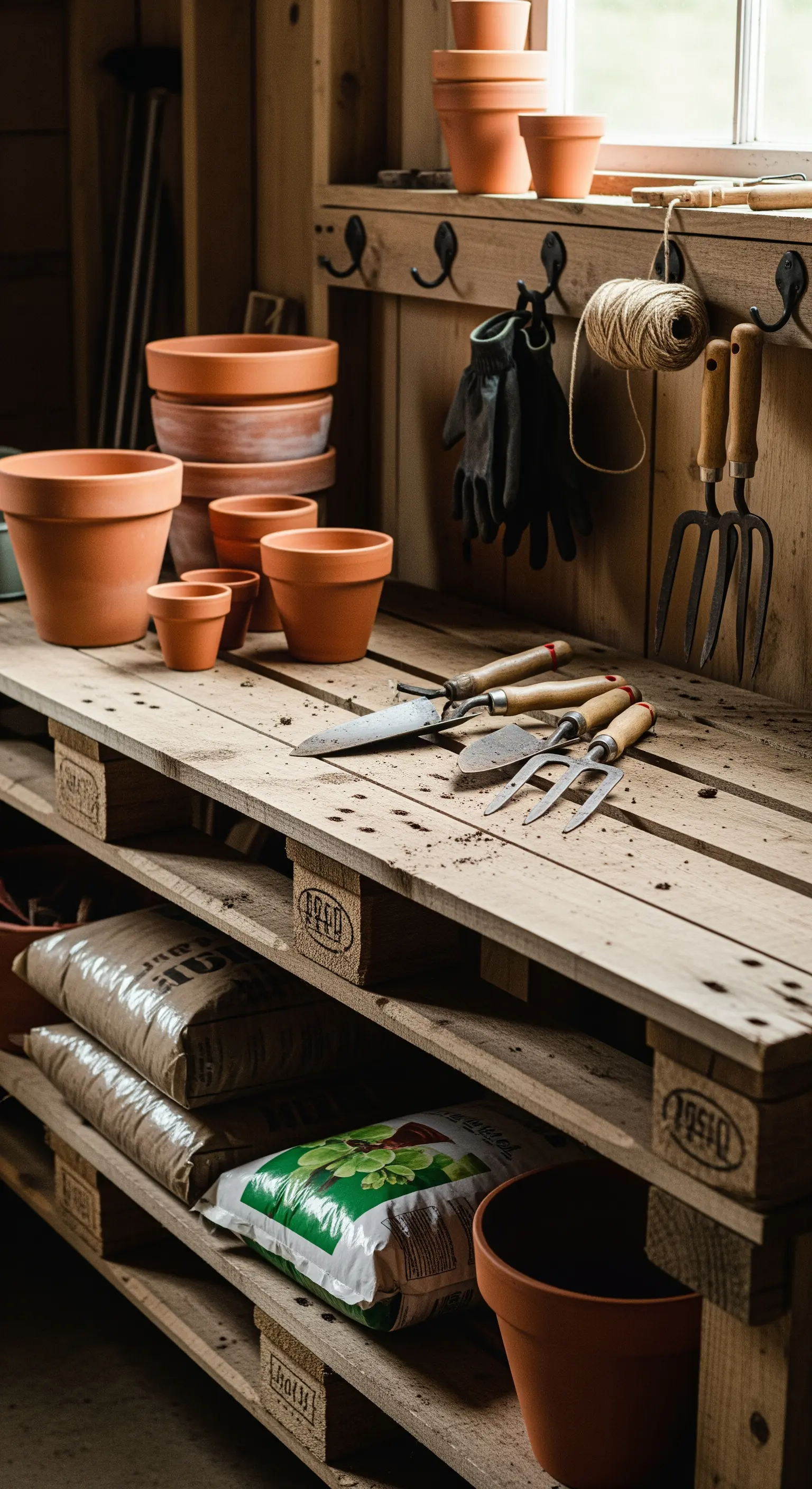 Banco da lavoro per giardinaggio in pallet grezzi, con attrezzi e vasi di terracotta.