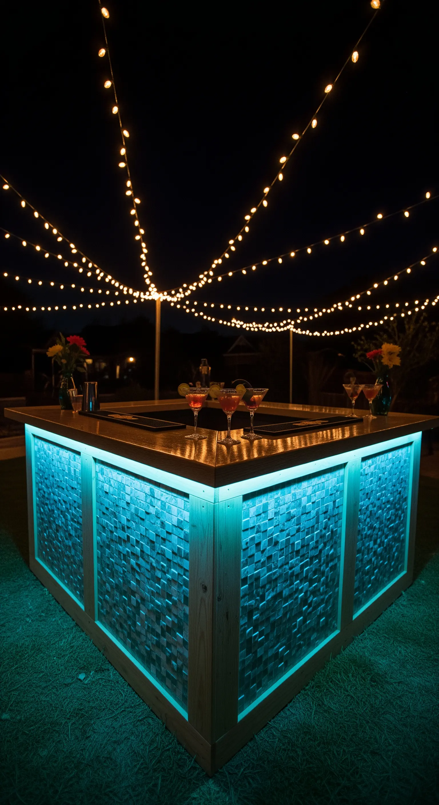 Bancone bar da esterno con mosaico frontale illuminato da luci LED blu e stringhe di luci calde.