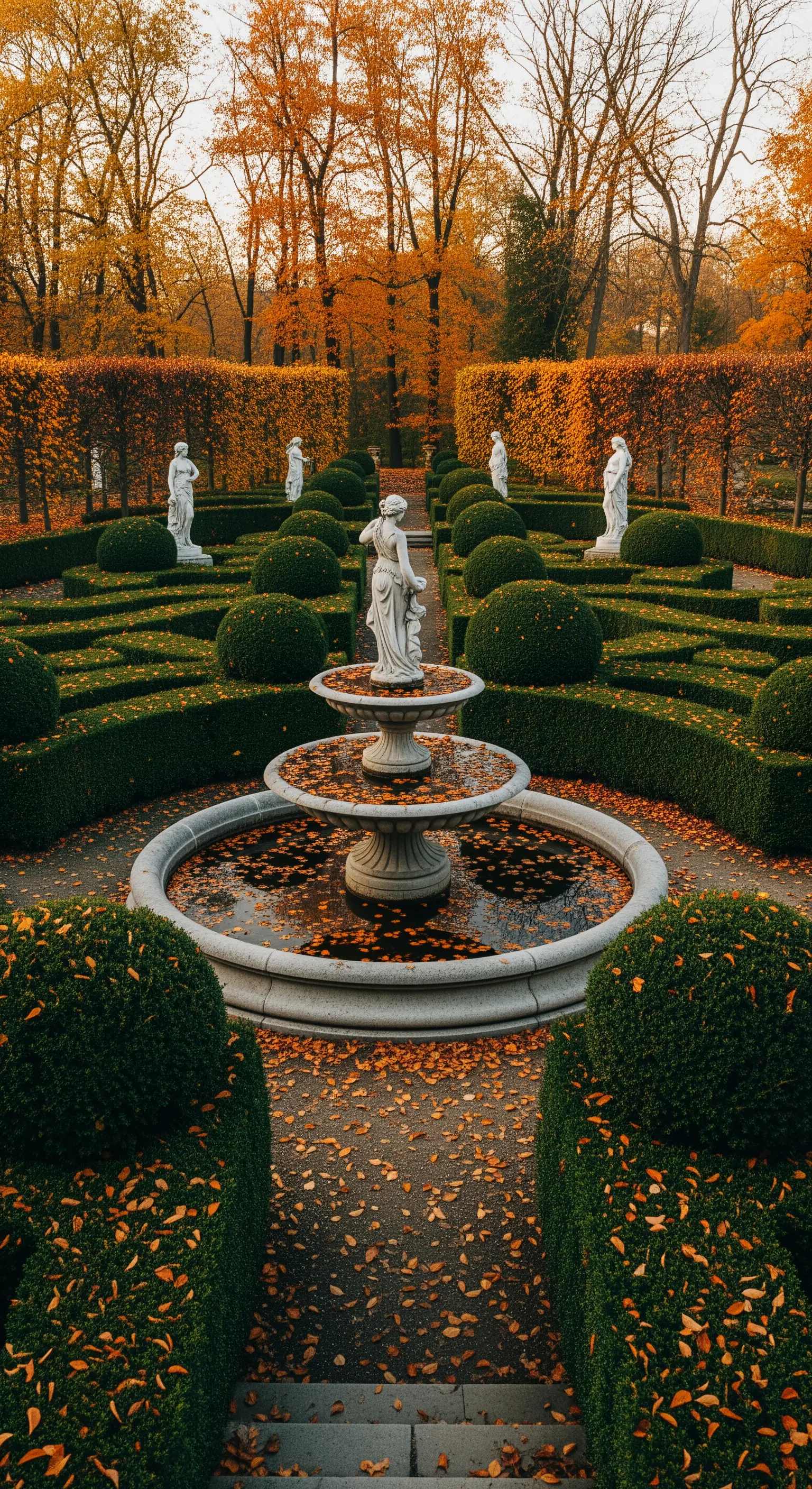 Giardino classico in autunno con fontana, statue e foglie colorate a terra.