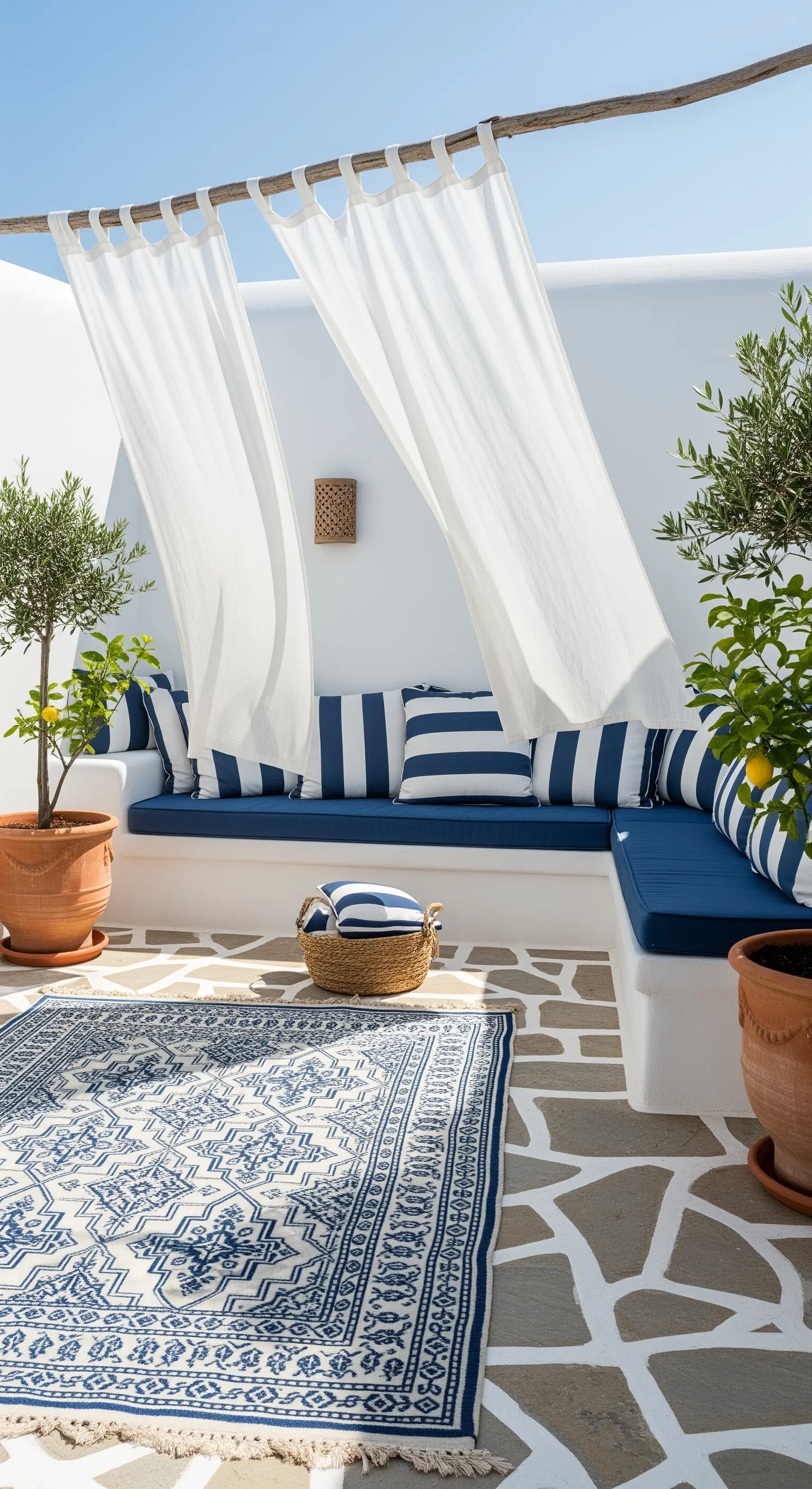 Patio in stile greco con cuscini a righe blu e bianche, tende e piante di ulivo.